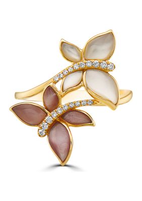 Effy 1/10 Ct. T.w. Diamond And Mother Of Pearl Butterfly Ring In 14K Yellow Gold