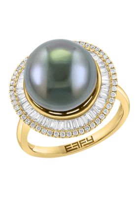 Effy 1/2 ct. t.w. Diamond and Tahitian Pearl Ring in 14K Yellow Gold, 7 -  0617892897504