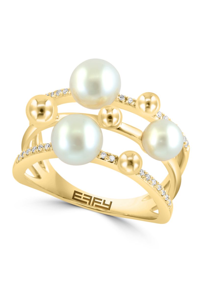 Diamond and Freshwater Pearl Stack Ring in 14K Yellow Gold