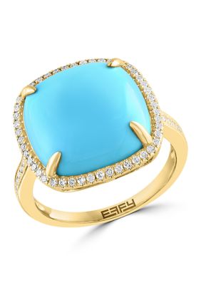 Effy Diamond And Turquoise Cushion Ring In 14K Yellow Gold, 7 -  0617892867859