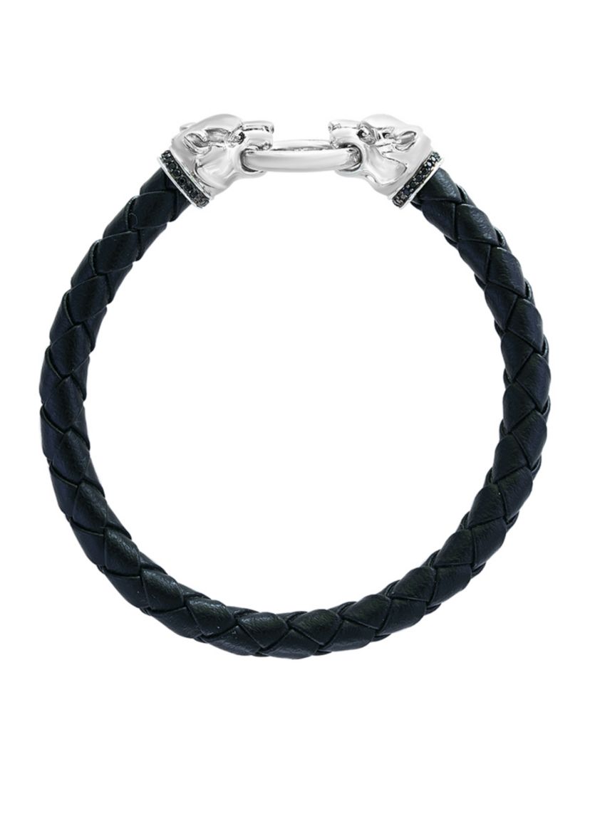 Sterling Silver Leather Double Headed Panther Bracelet