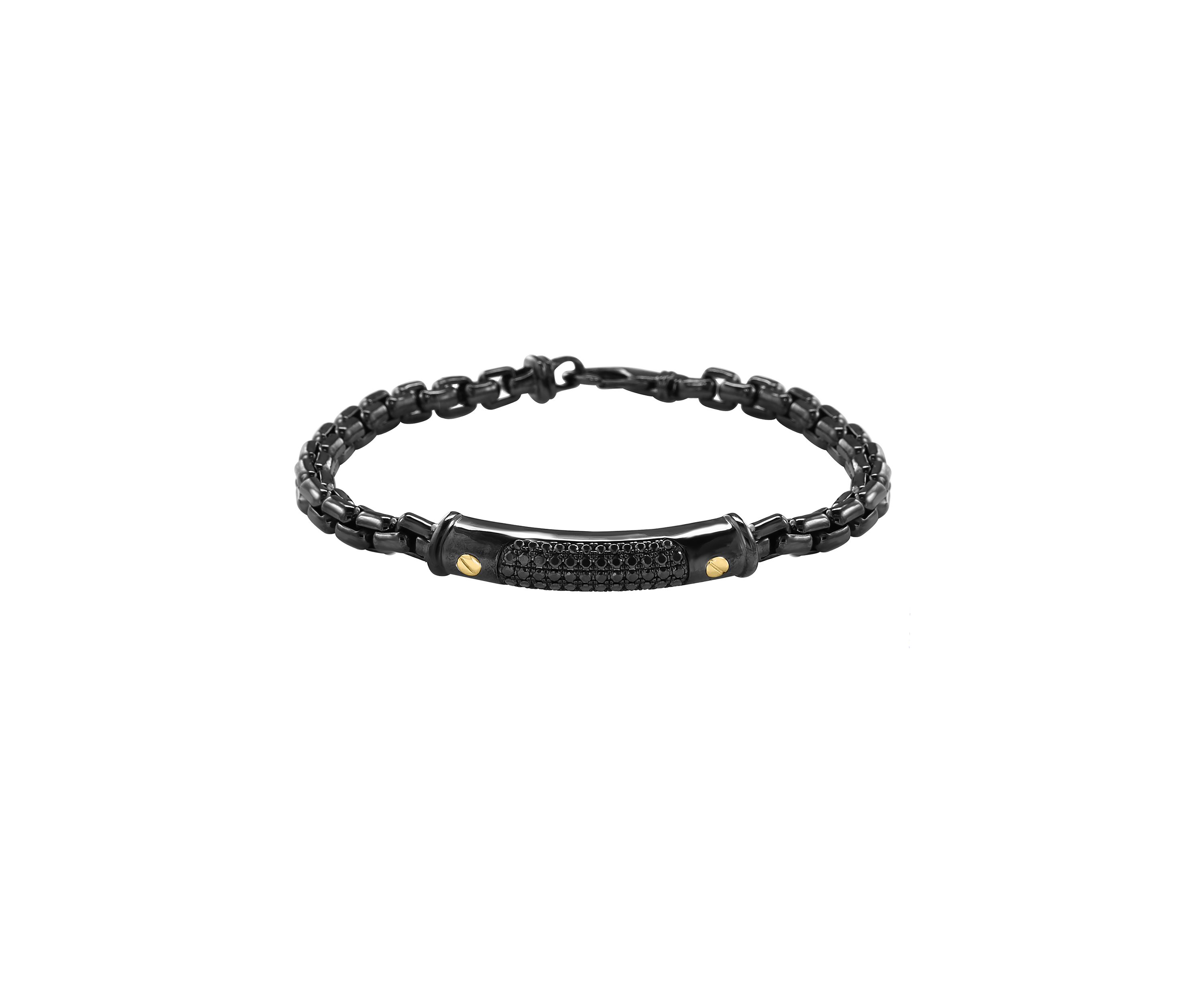 Mens Black Spinel Bracelet in Sterling Silver and 14K Yellow Gold