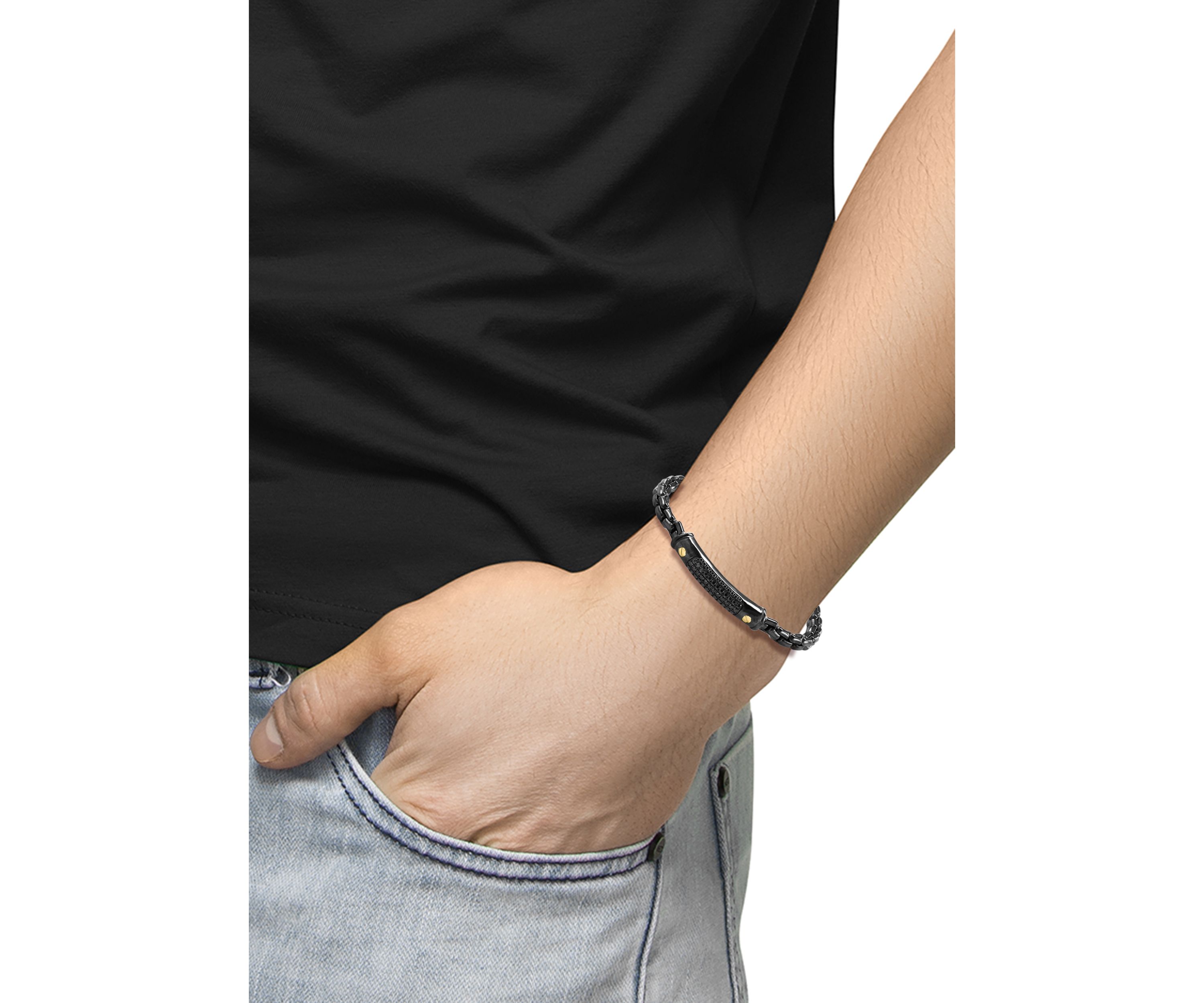 Mens Black Spinel Bracelet in Sterling Silver and 14K Yellow Gold