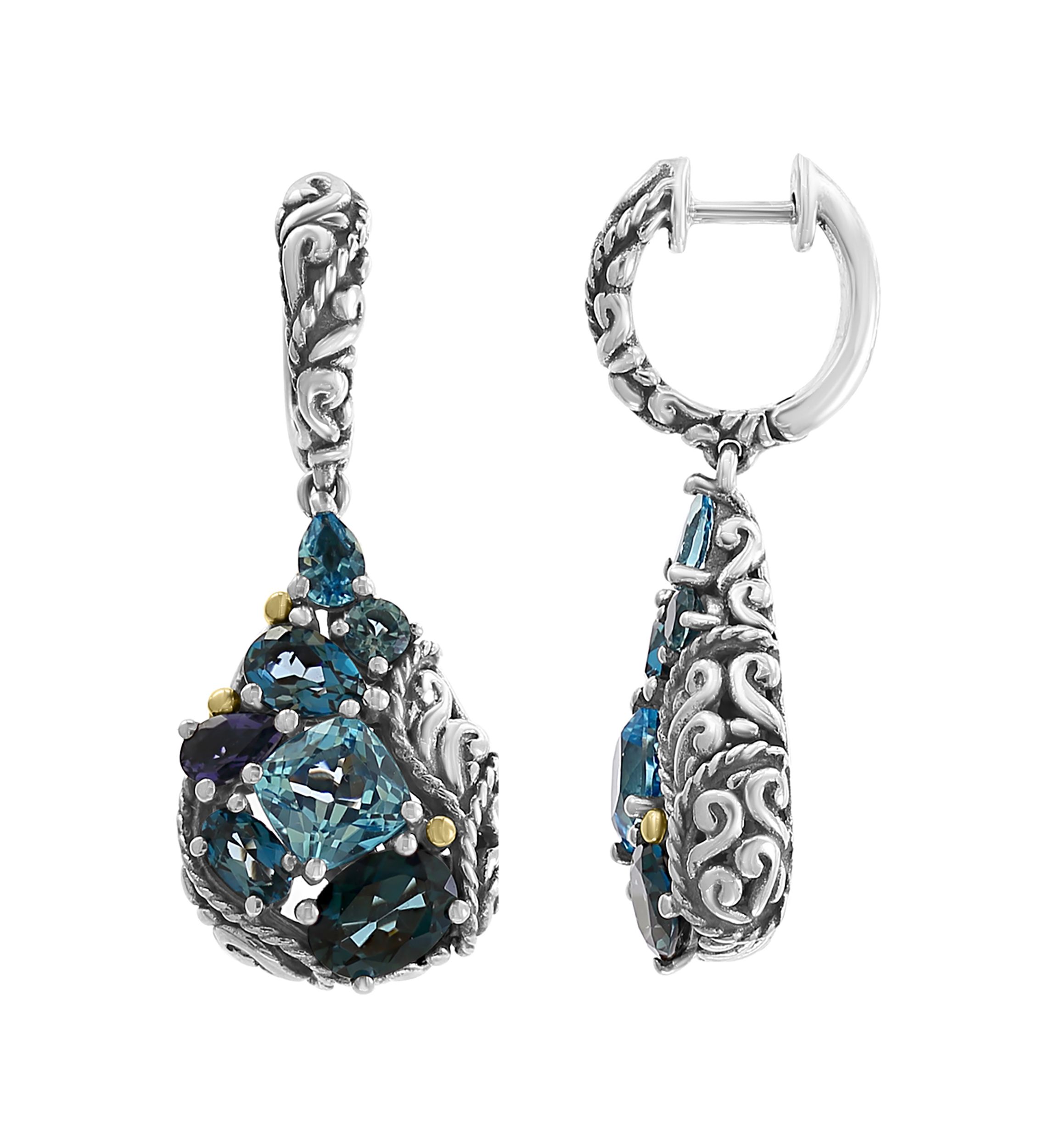 925 Sterling Silver/18K Yellow Gold Blue Topaz, London Blue Topaz, and Iolite Earrings