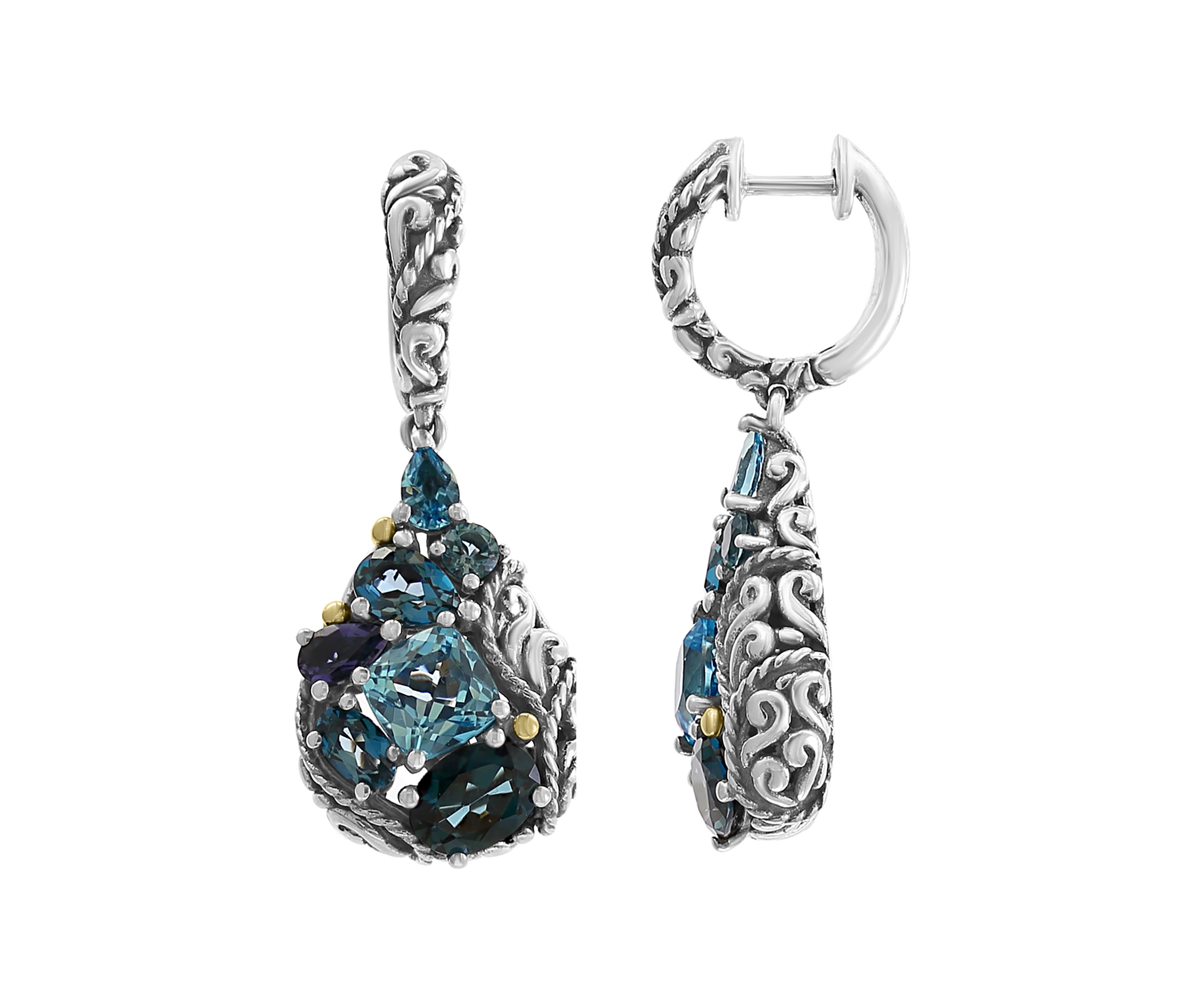 925 Sterling Silver/18K Yellow Gold Blue Topaz, London Blue Topaz, and Iolite Earrings