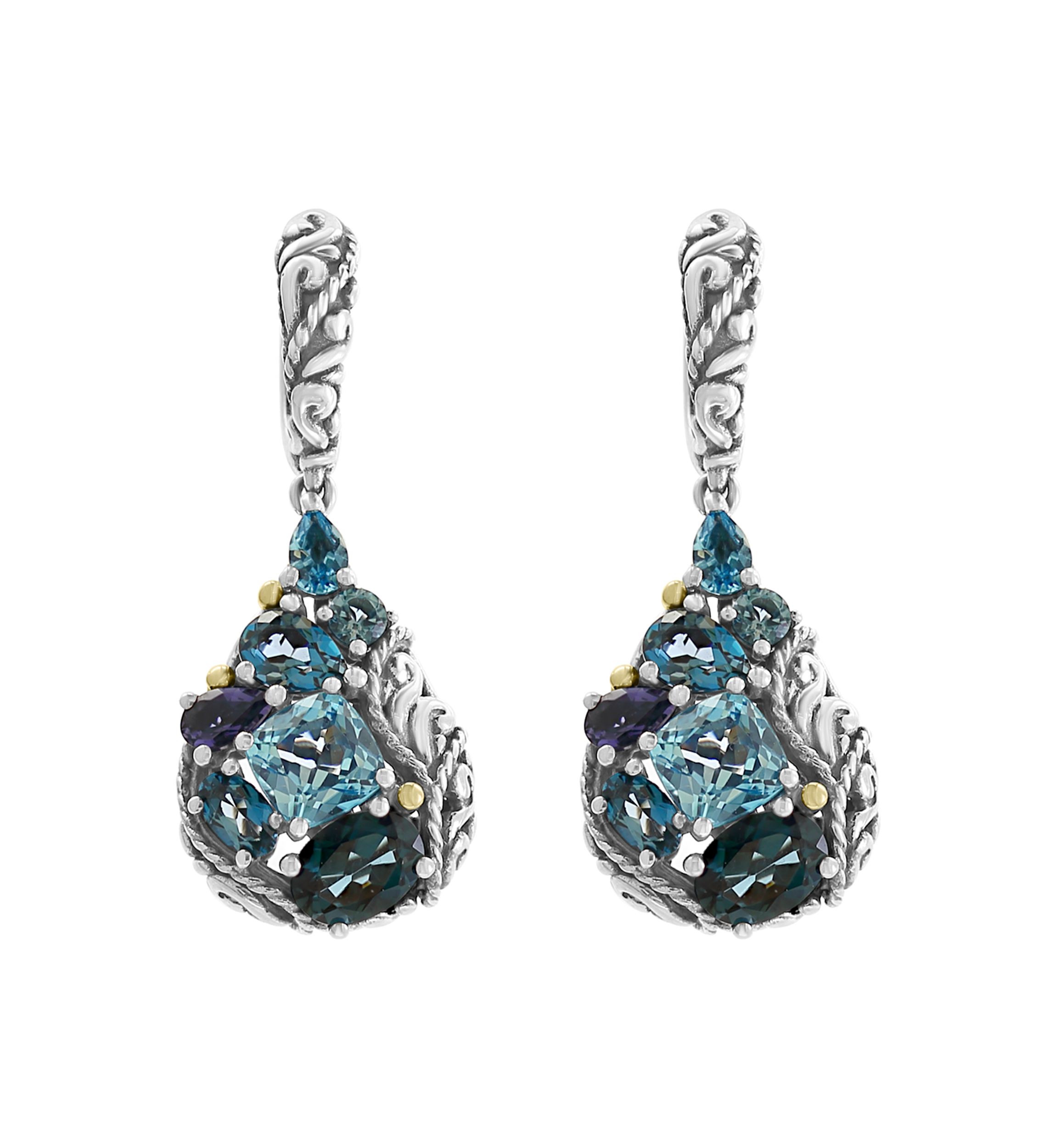 925 Sterling Silver/18K Yellow Gold Blue Topaz, London Blue Topaz, and Iolite Earrings