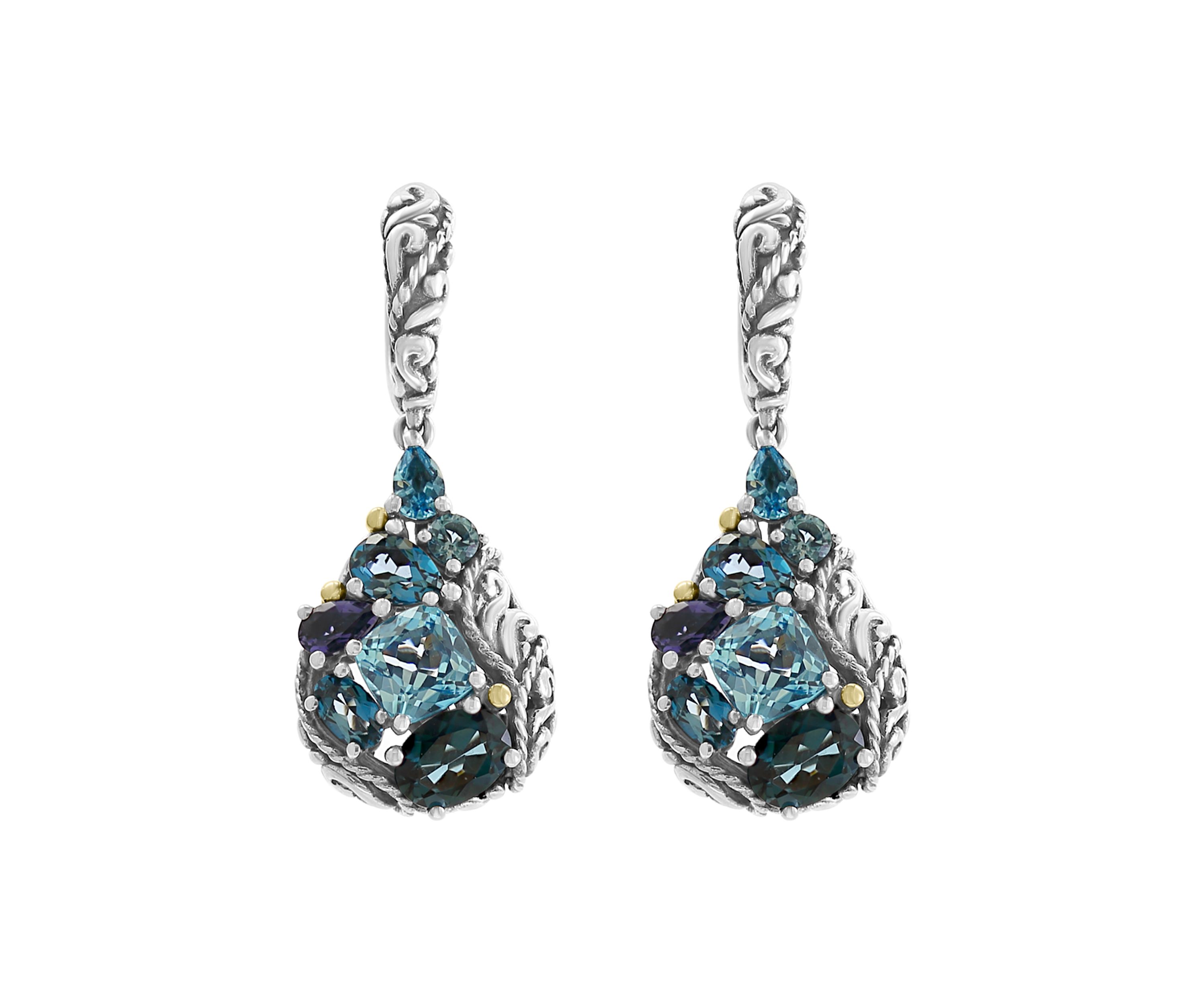 925 Sterling Silver/18K Yellow Gold Blue Topaz, London Blue Topaz, and Iolite Earrings