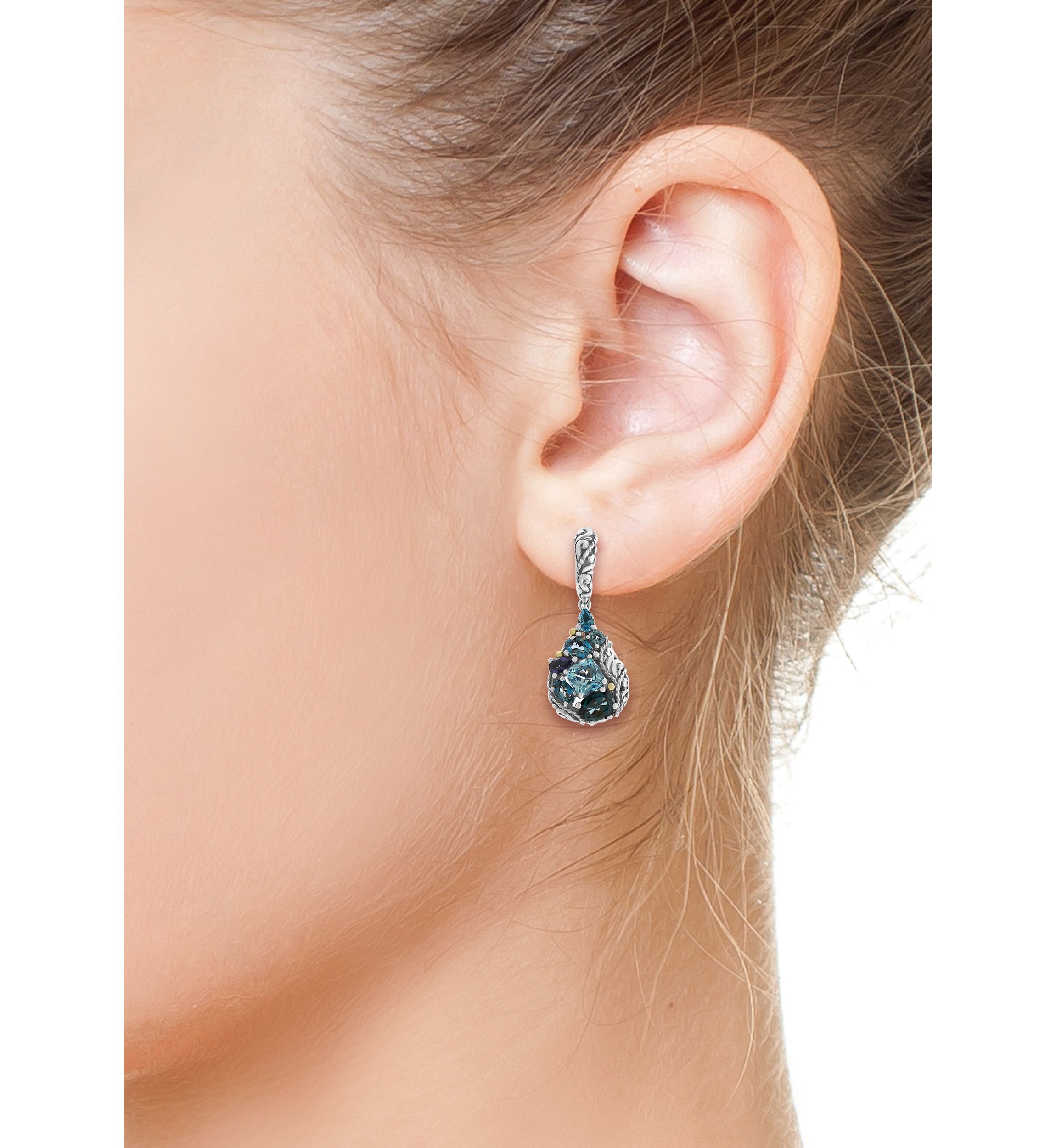 925 Sterling Silver/18K Yellow Gold Blue Topaz, London Blue Topaz, and Iolite Earrings