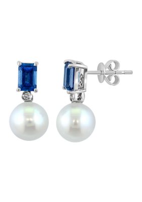 Effy 1/10 ct. t.w. Diamond, 1.4 ct. t.w. London Blue Topaz, Freshwater Pearl Earrings in 14K White Gold -  5400452IEW0X636DL