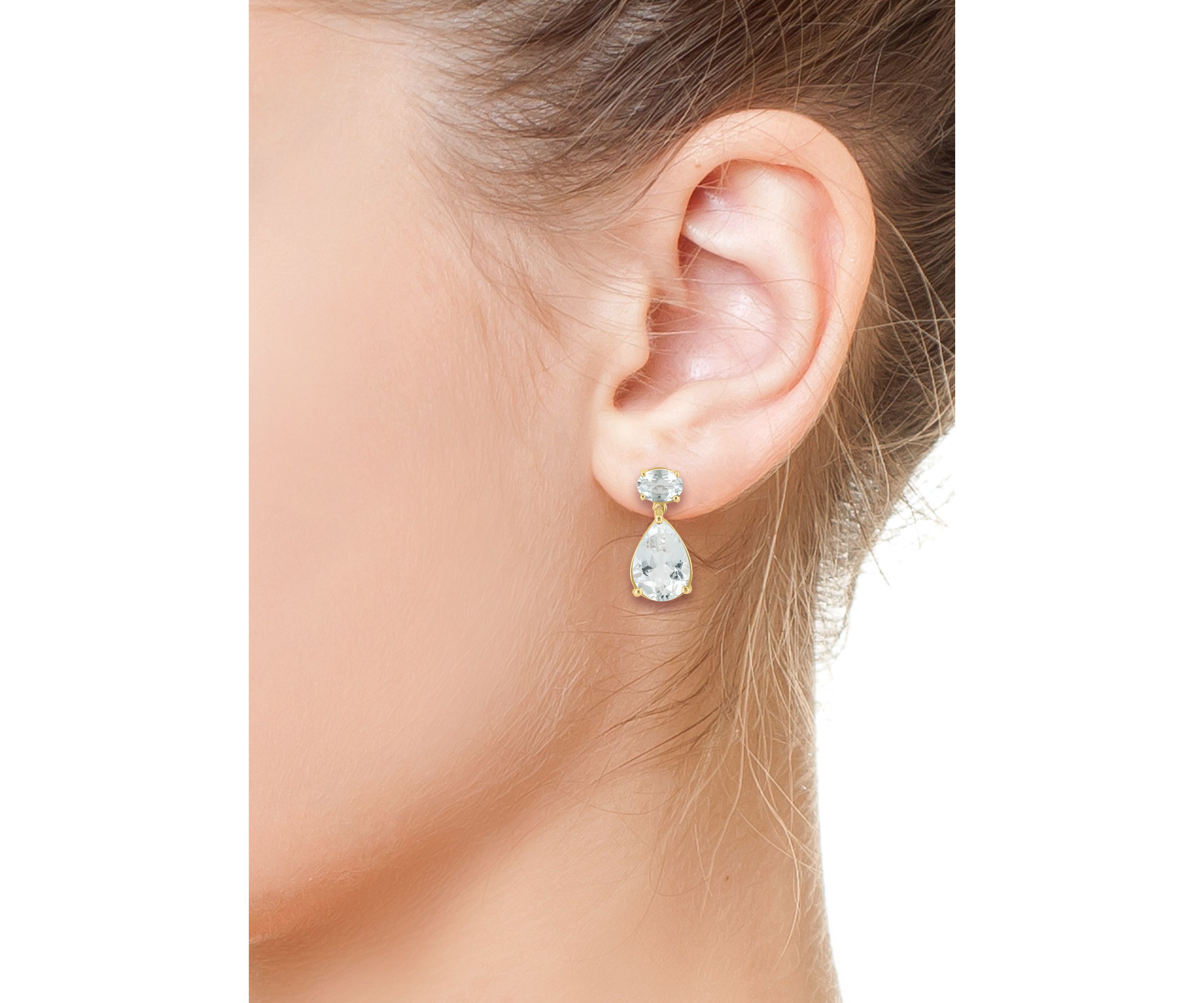 White Topaz Pear Dangle Earrings in 14K Yellow Gold
