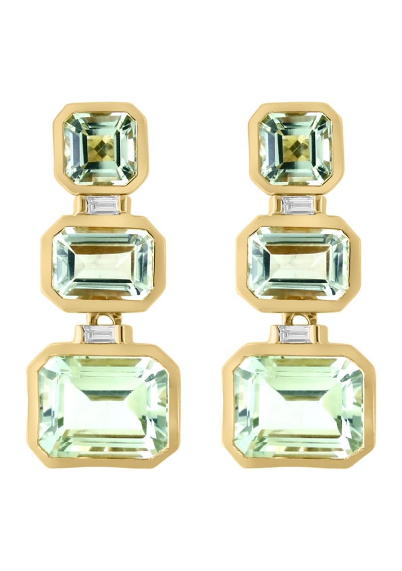 Diamond and Green Amethyst 3 Stone Dangle Earrings in 14K Yellow Gold