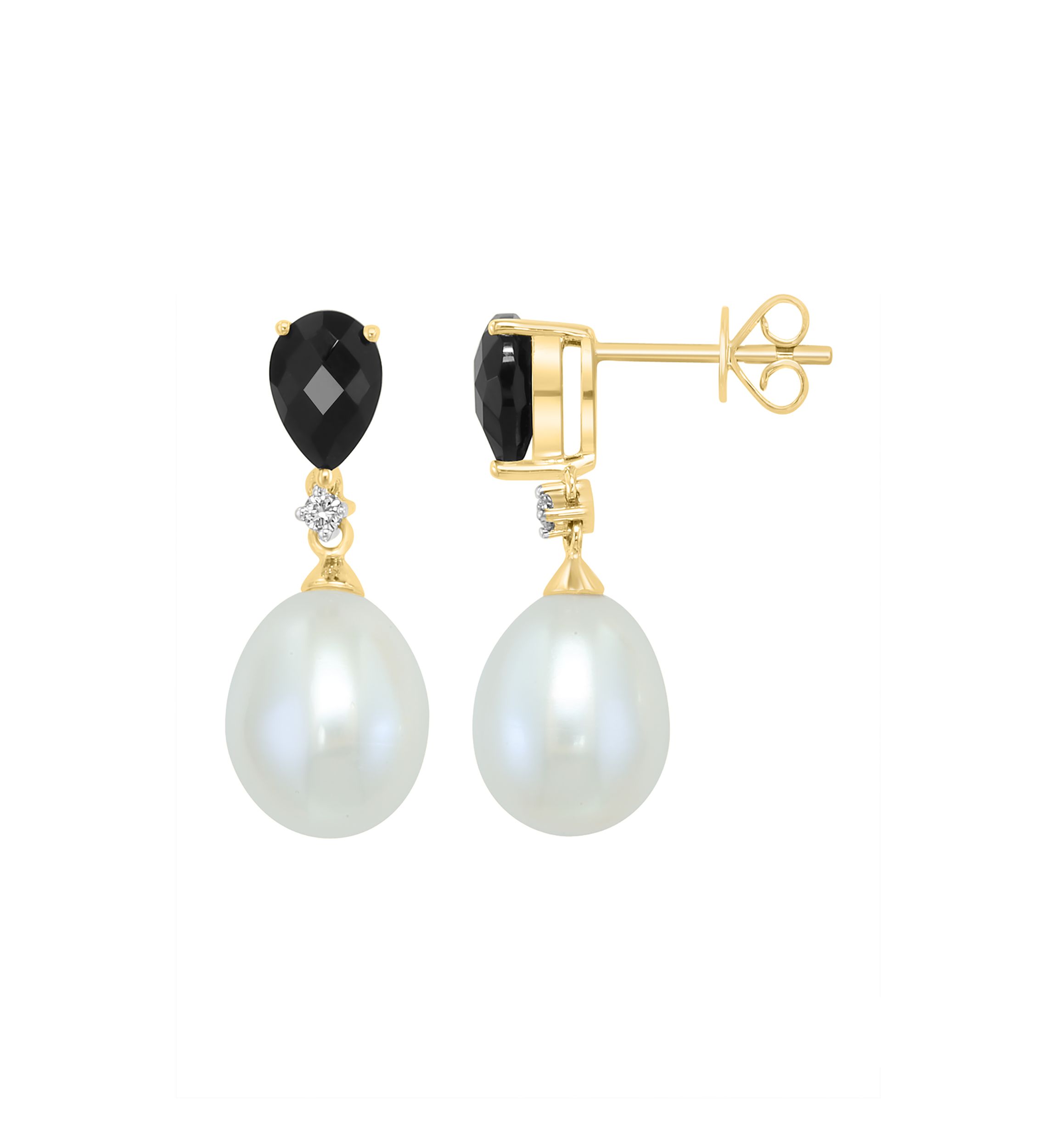 Diamond, Freshwater Pearl and Onyx Earrings in 14K Yellow Gold