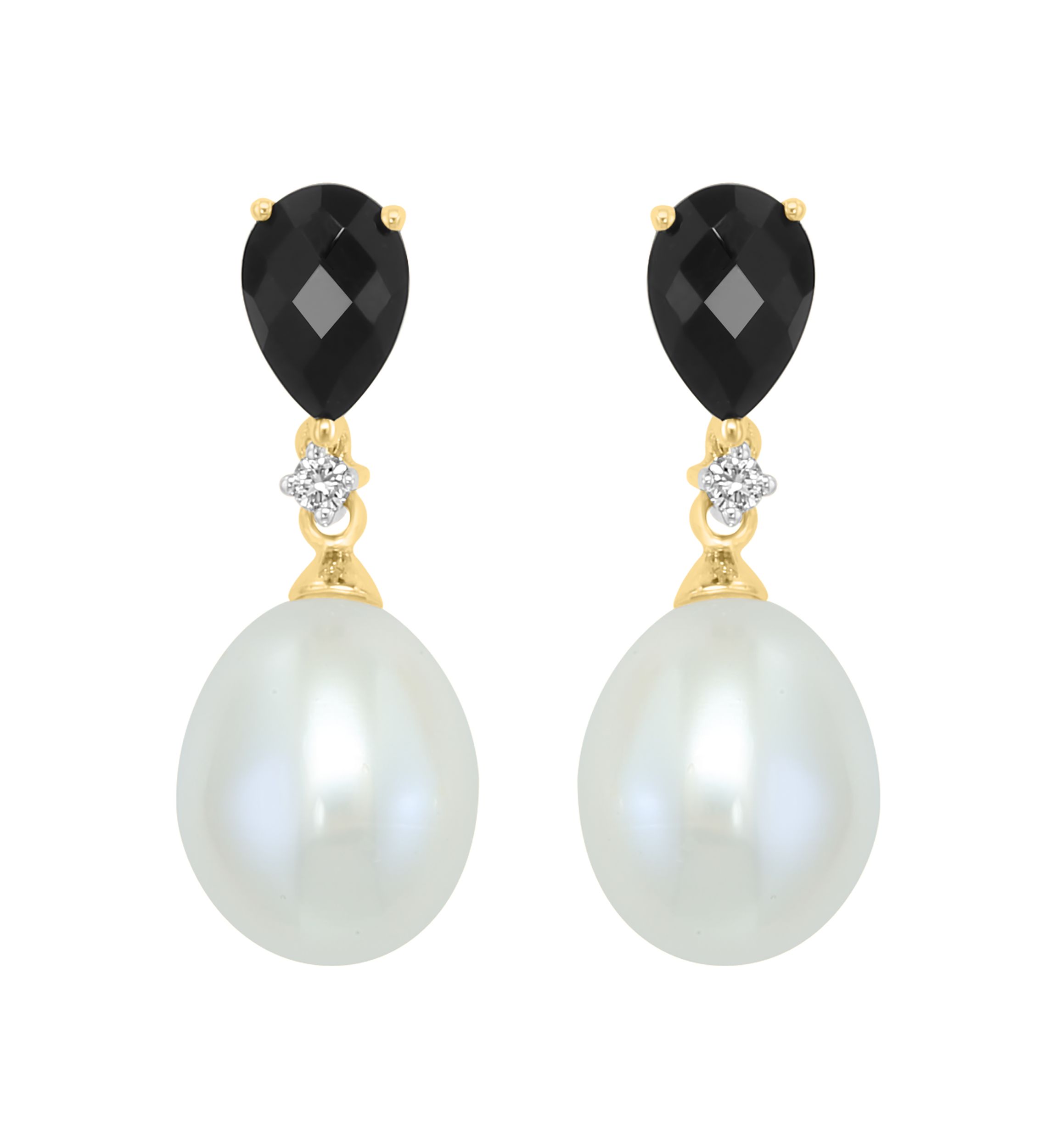Diamond, Freshwater Pearl and Onyx Earrings in 14K Yellow Gold