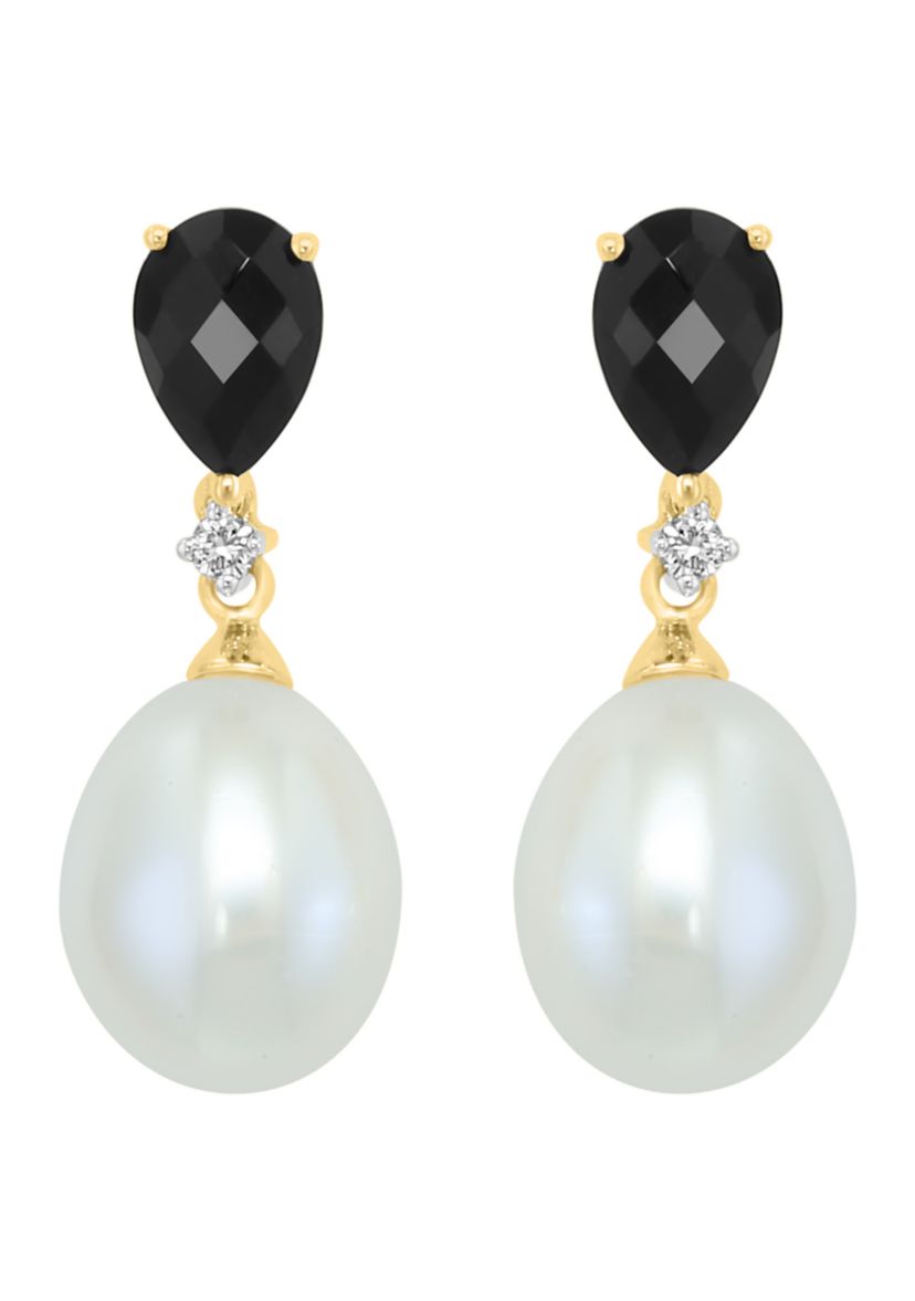 Diamond, Freshwater Pearl and Onyx Earrings in 14K Yellow Gold