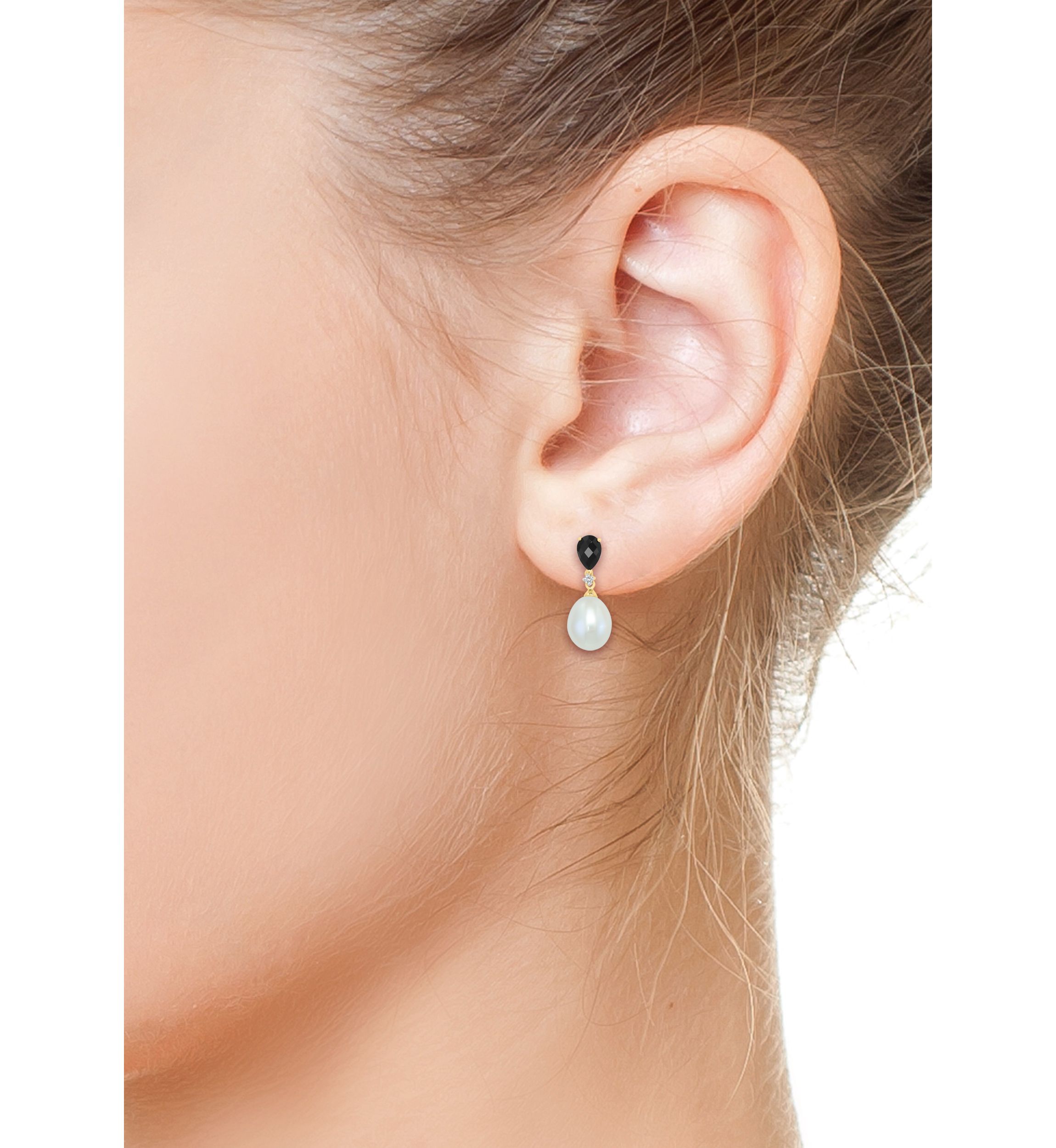Diamond, Freshwater Pearl and Onyx Earrings in 14K Yellow Gold