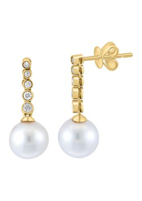 Effy Diamond and Freshwater Pearl Drop Earrings in 14K Yellow Gold
