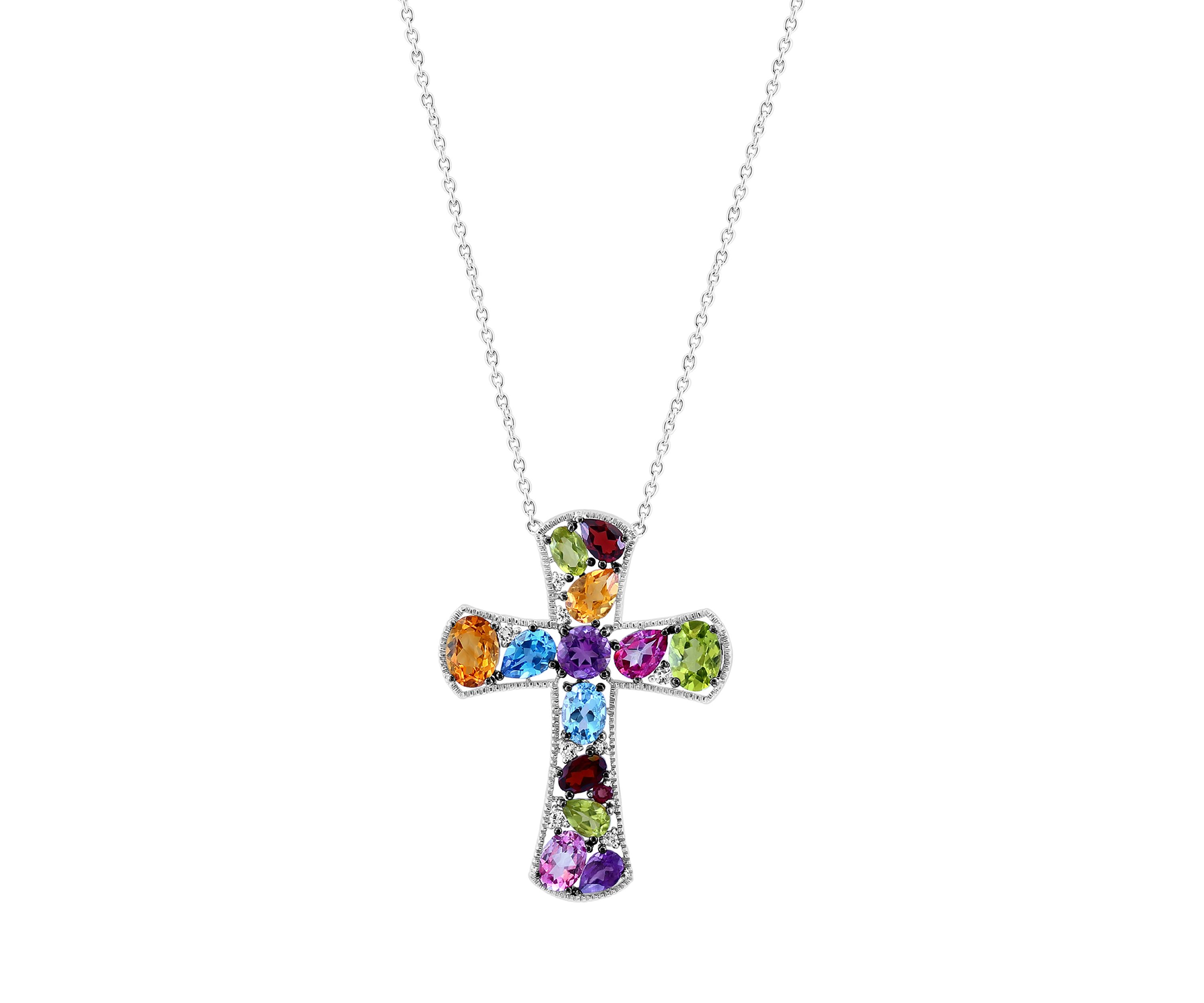 Multicolored Gemstone Cross Necklace in Sterling Silver
