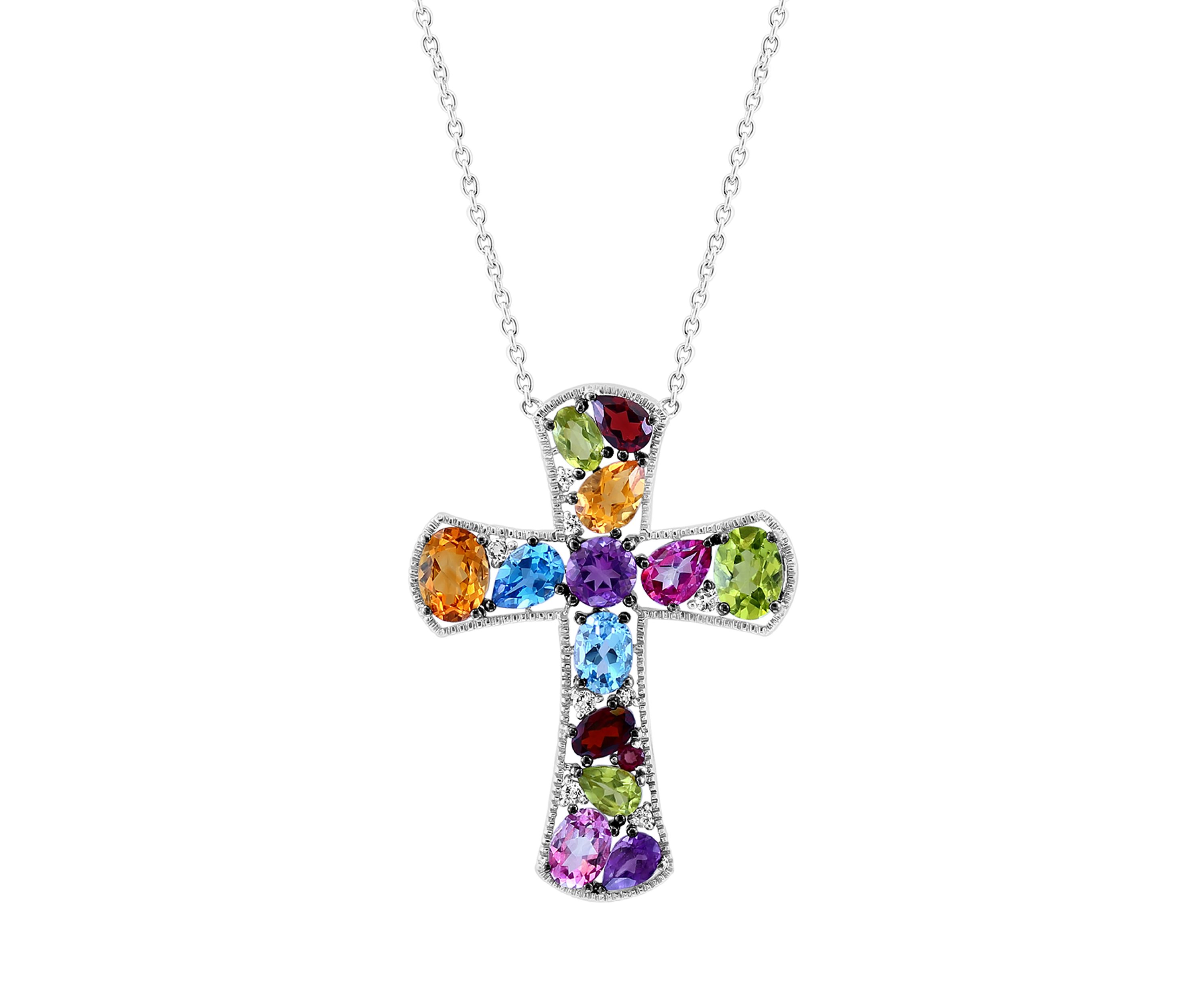 Multicolored Gemstone Cross Necklace in Sterling Silver
