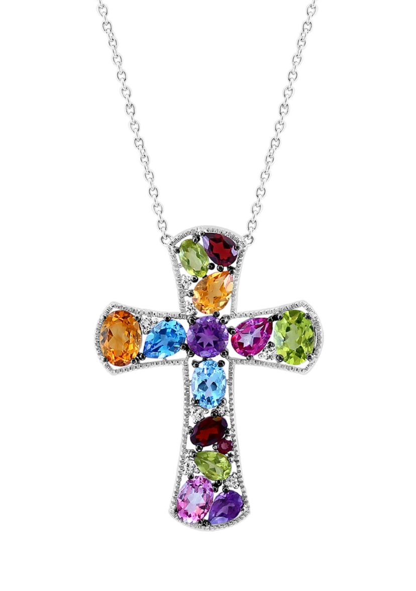 Multicolored Gemstone Cross Necklace in Sterling Silver