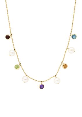 Effy Amethyst, Blue Topaz, Citrine, Garnet Freshwater Pearl and Peridot Necklace in 14K Yellow Gold