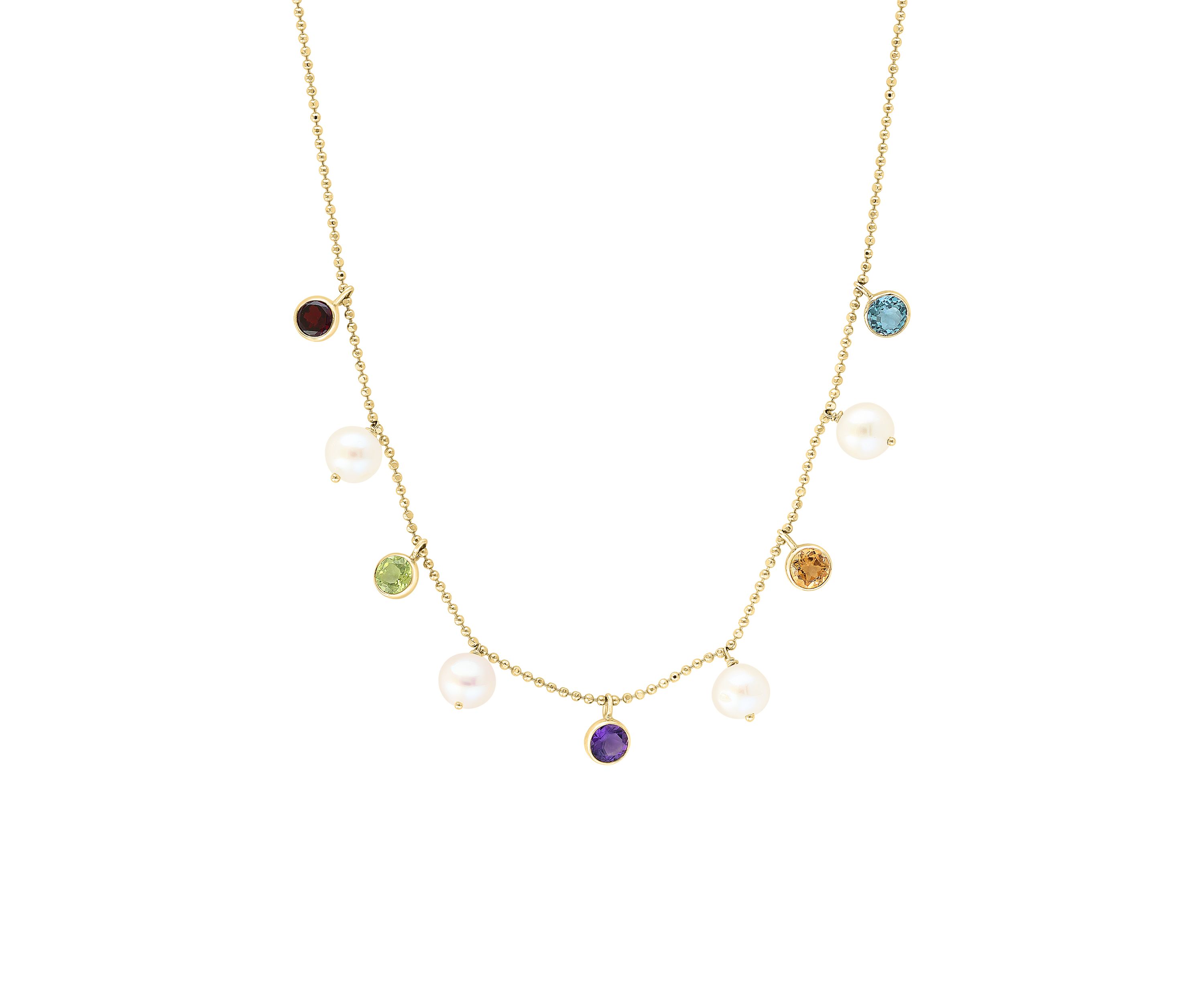Amethyst, Blue Topaz, Citrine, Garnet Freshwater Pearl and Peridot Necklace in 14K Yellow Gold