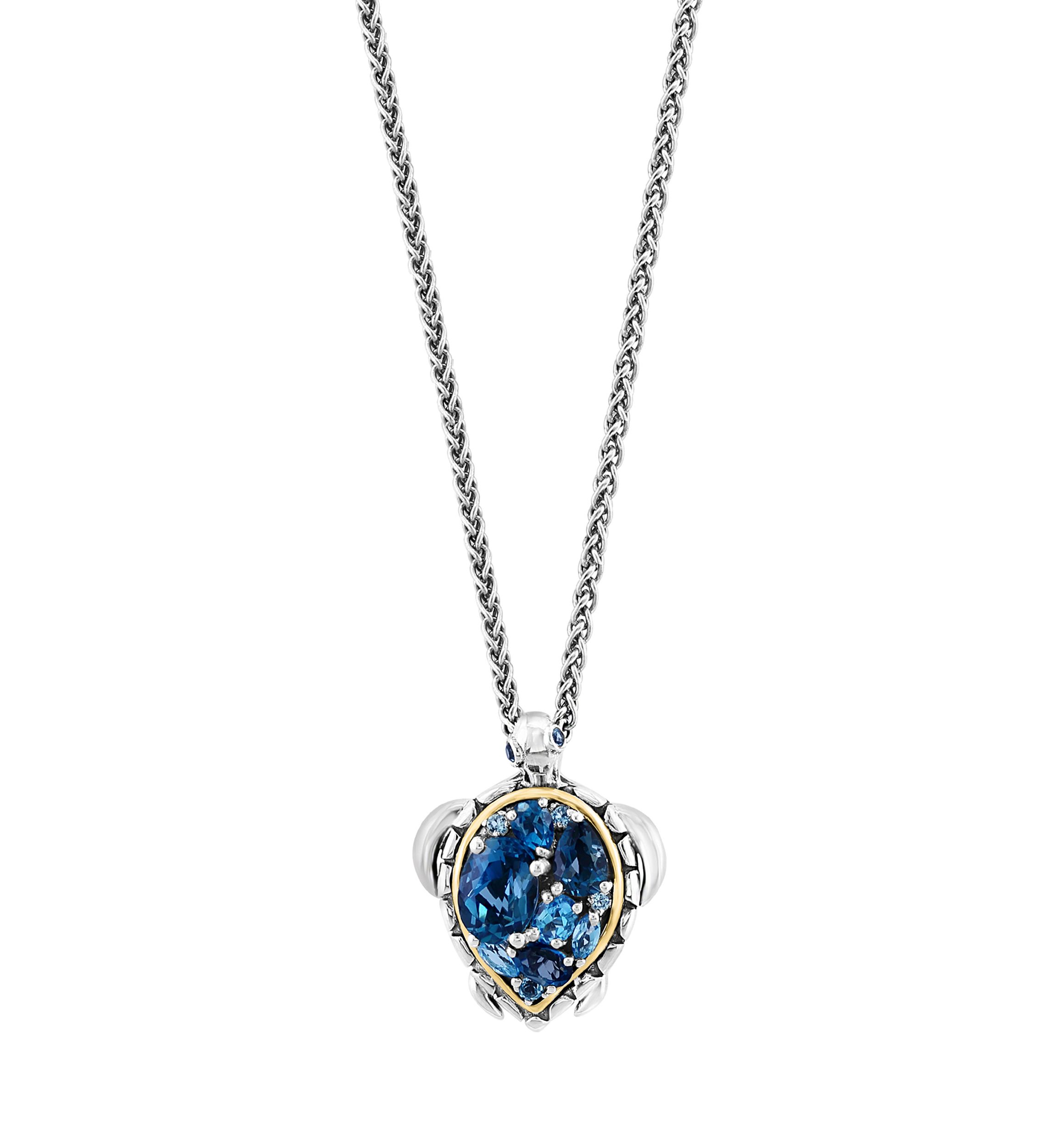 Blue Topaz and London Blue Topaz Turtle Pendant Necklace in Sterling Silver and 14K Yellow Gold