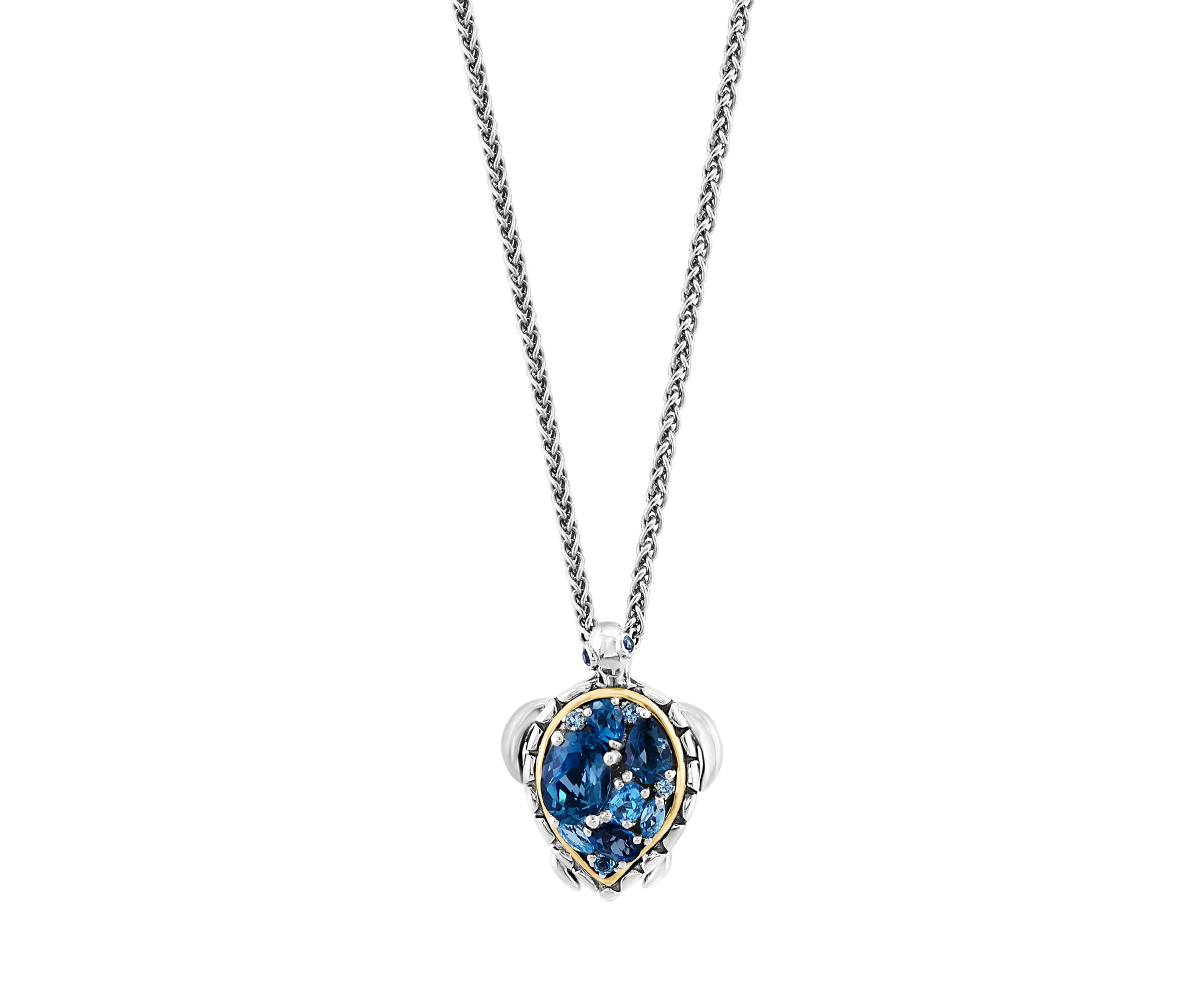Blue Topaz and London Blue Topaz Turtle Pendant Necklace in Sterling Silver and 14K Yellow Gold
