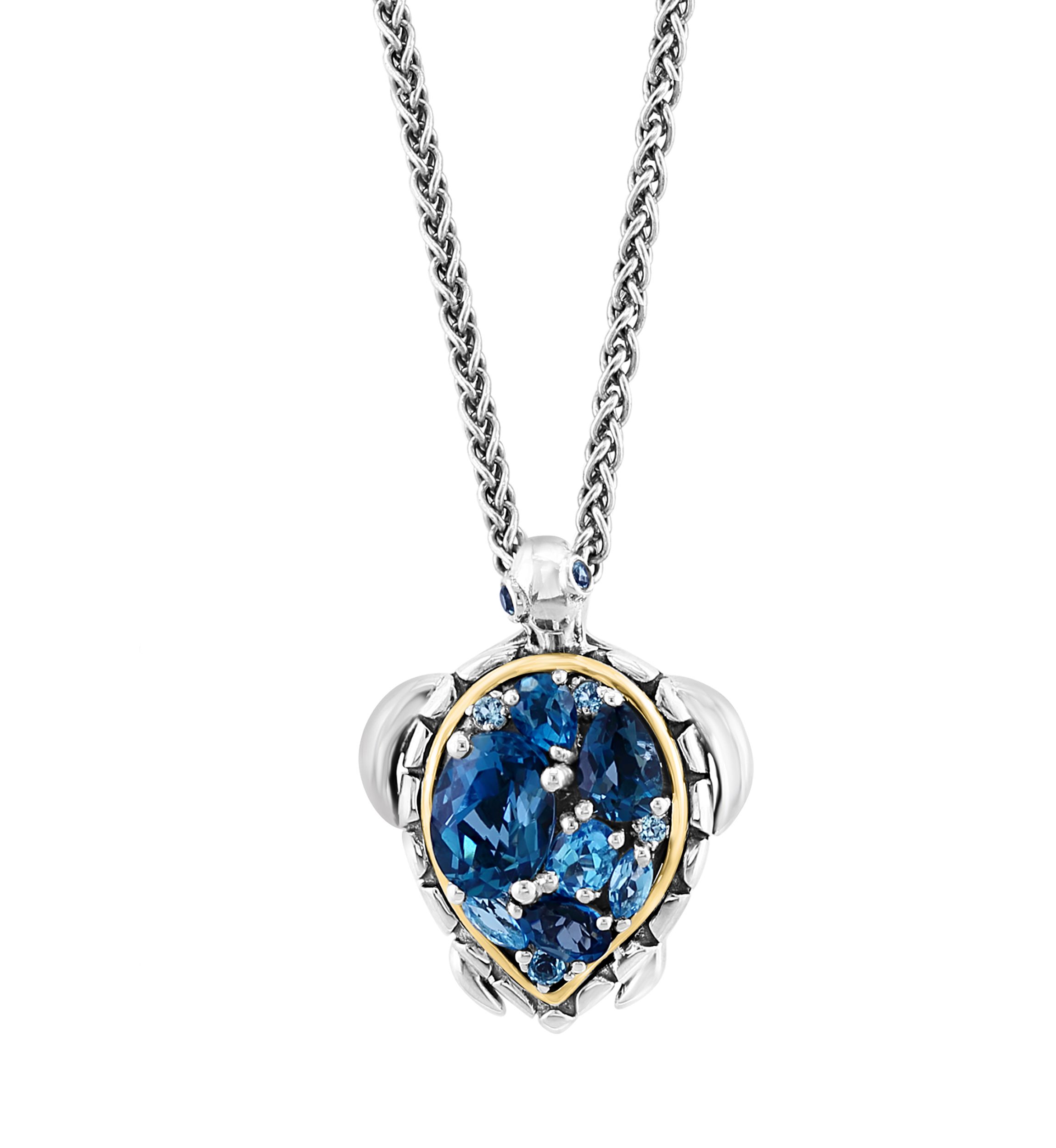 Blue Topaz and London Blue Topaz Turtle Pendant Necklace in Sterling Silver and 14K Yellow Gold