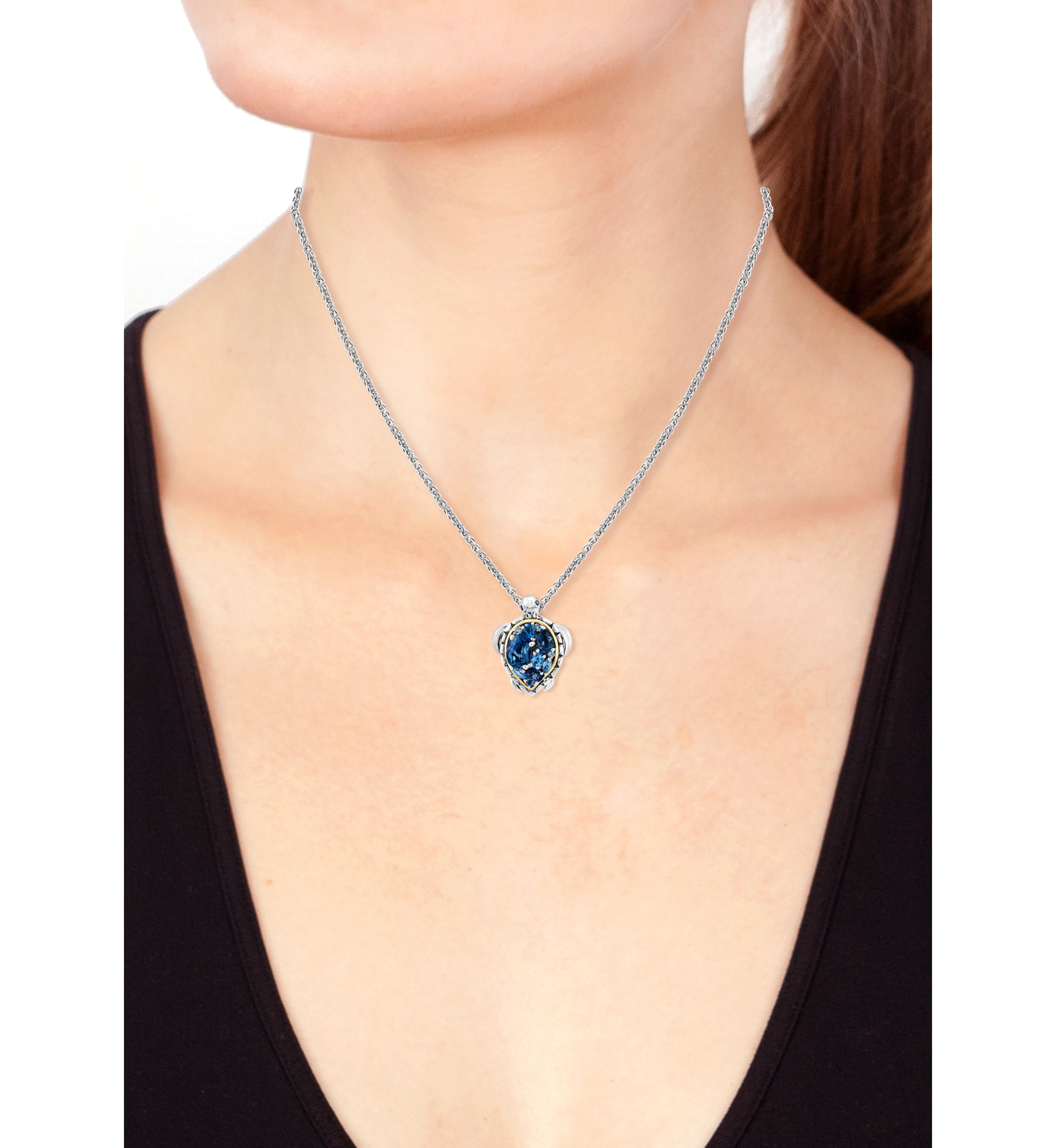 Blue Topaz and London Blue Topaz Turtle Pendant Necklace in Sterling Silver and 14K Yellow Gold