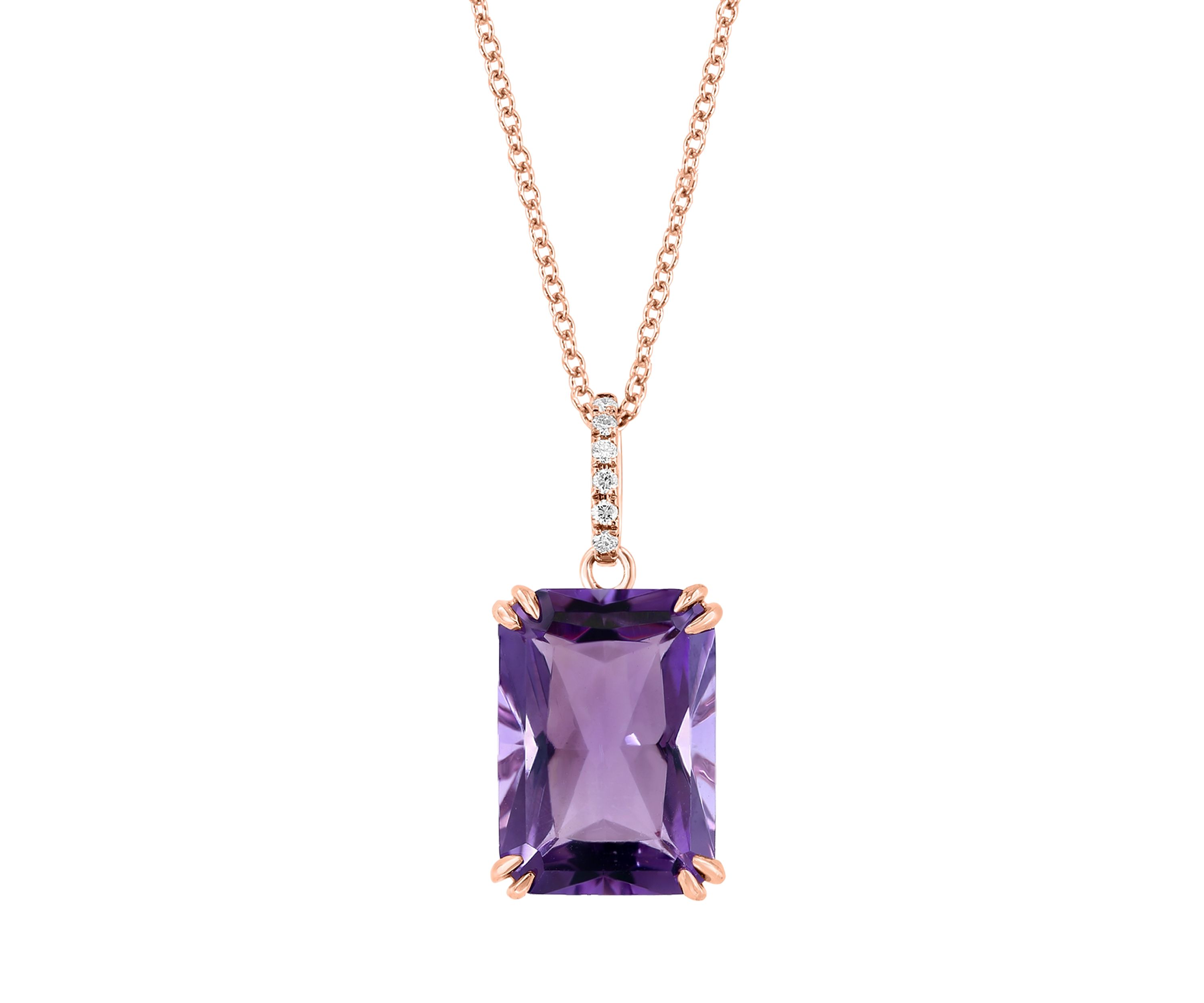 1/10 ct. t.w. Diamond, 7.2 ct. t.w. Amethyst Pendant Necklace in 14K Rose Gold