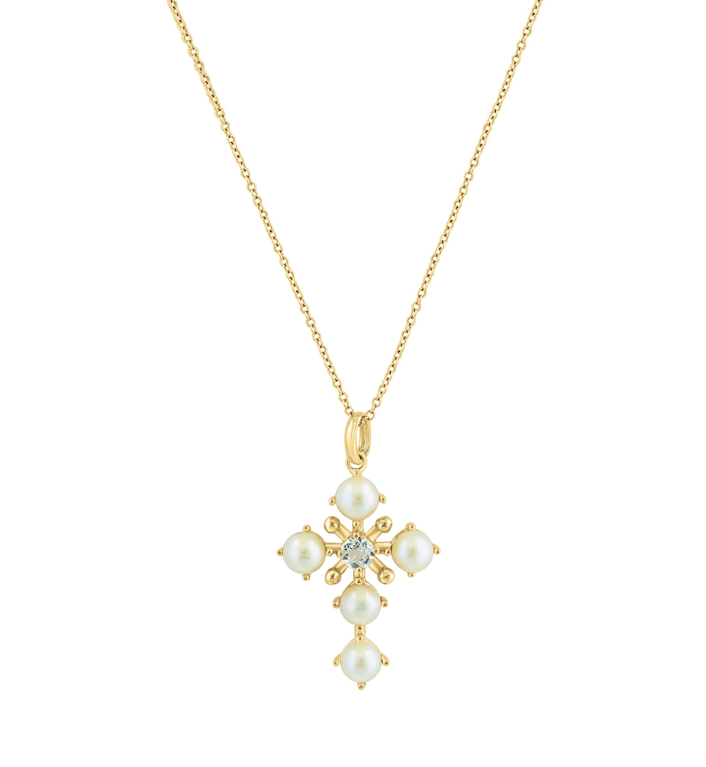 White Topaz and Freshwater Pearl Pendant Necklace in 14K Yellow Gold