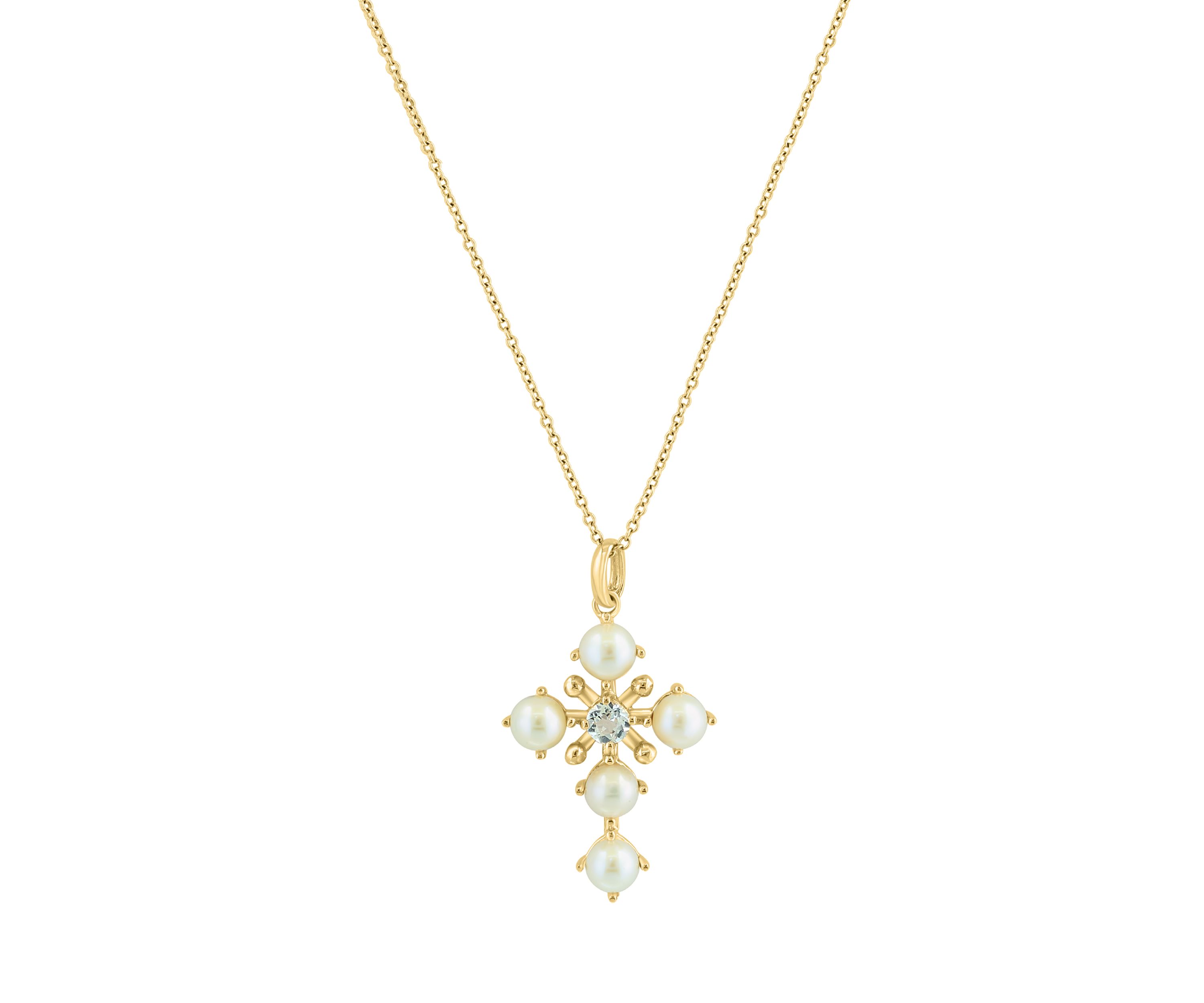 White Topaz and Freshwater Pearl Pendant Necklace in 14K Yellow Gold