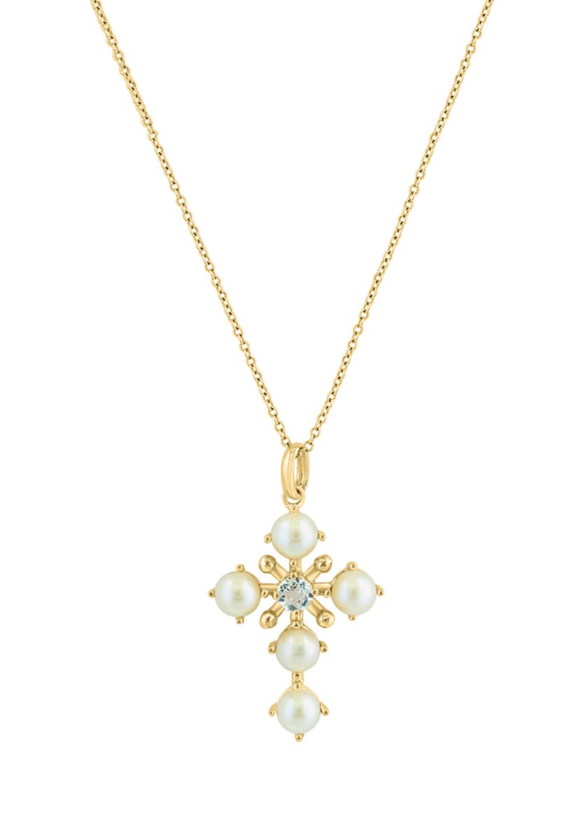 White Topaz and Freshwater Pearl Pendant Necklace in 14K Yellow Gold