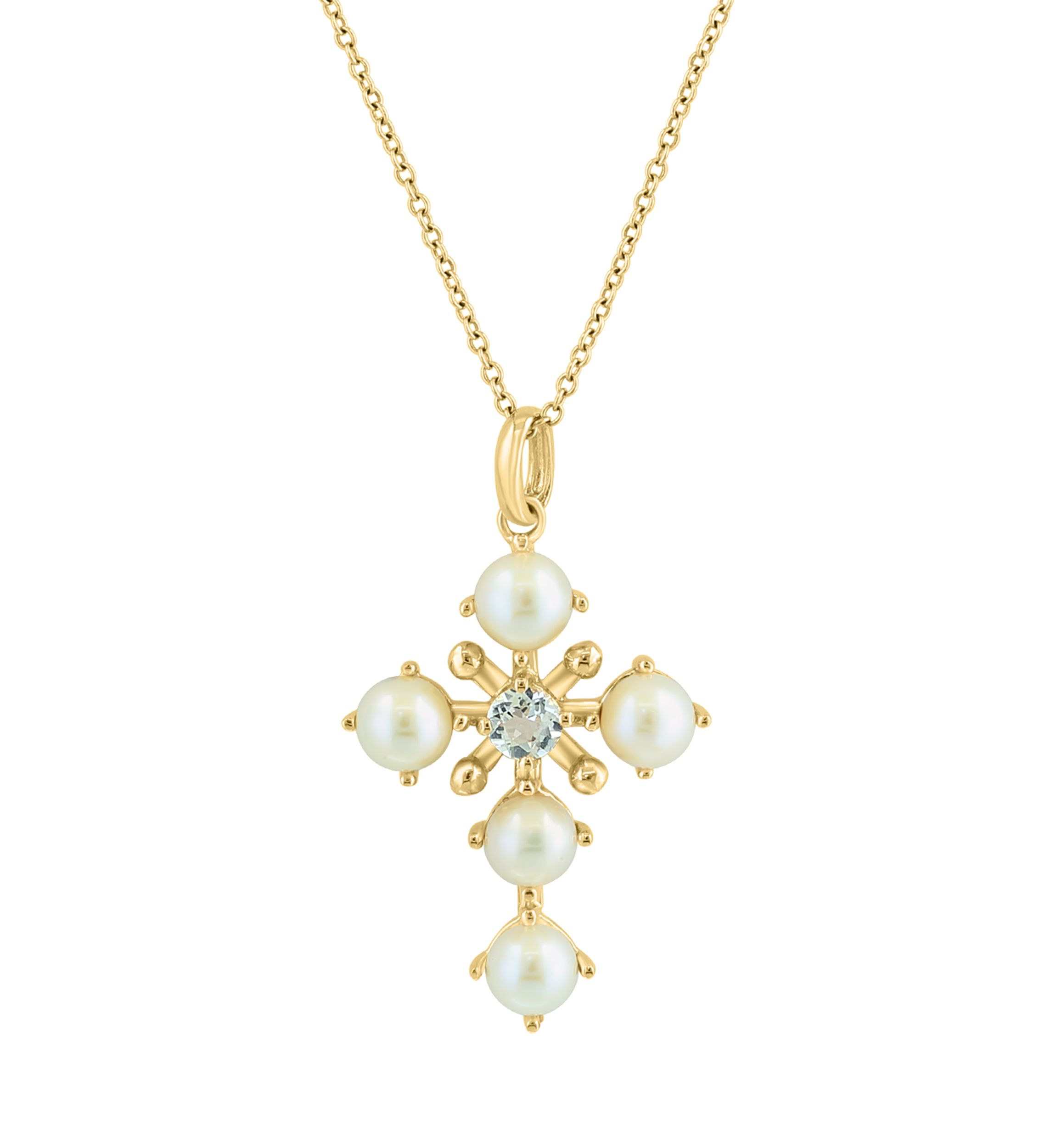 White Topaz and Freshwater Pearl Pendant Necklace in 14K Yellow Gold