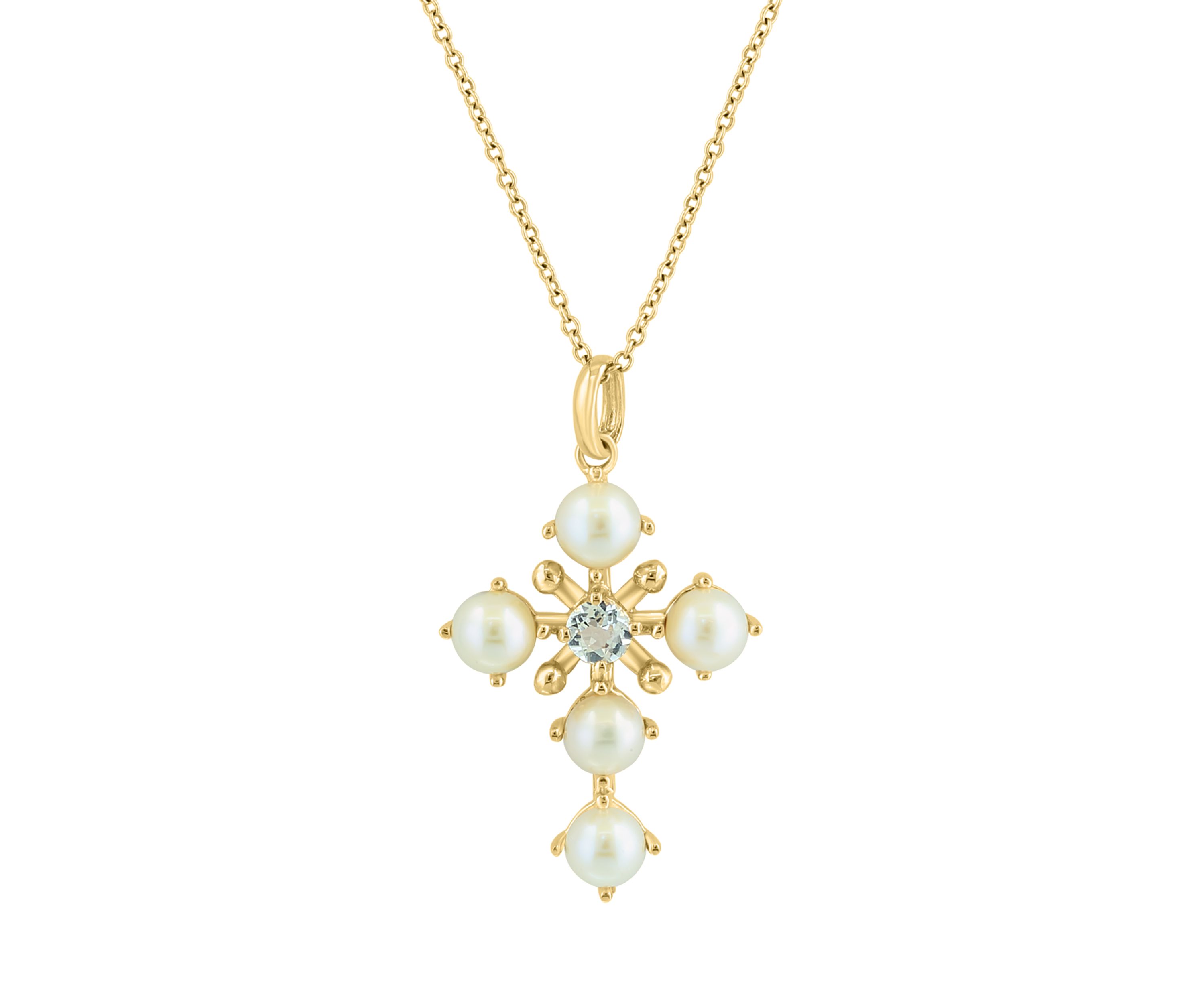 White Topaz and Freshwater Pearl Pendant Necklace in 14K Yellow Gold