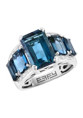 Effy 1/5 ct. t.w. Diamond, 8.83 ct. t.w. London Blue Topaz Ring in 14K White Gold, 7
