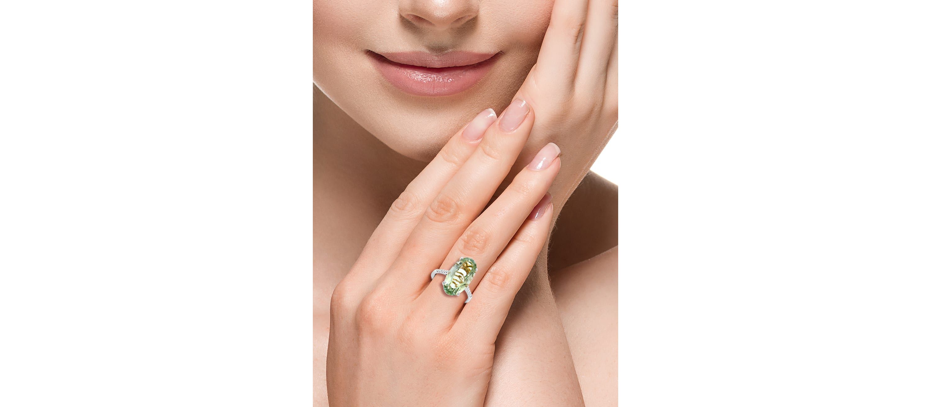Diamond and Green Amethyst Ring in 14K White Gold
