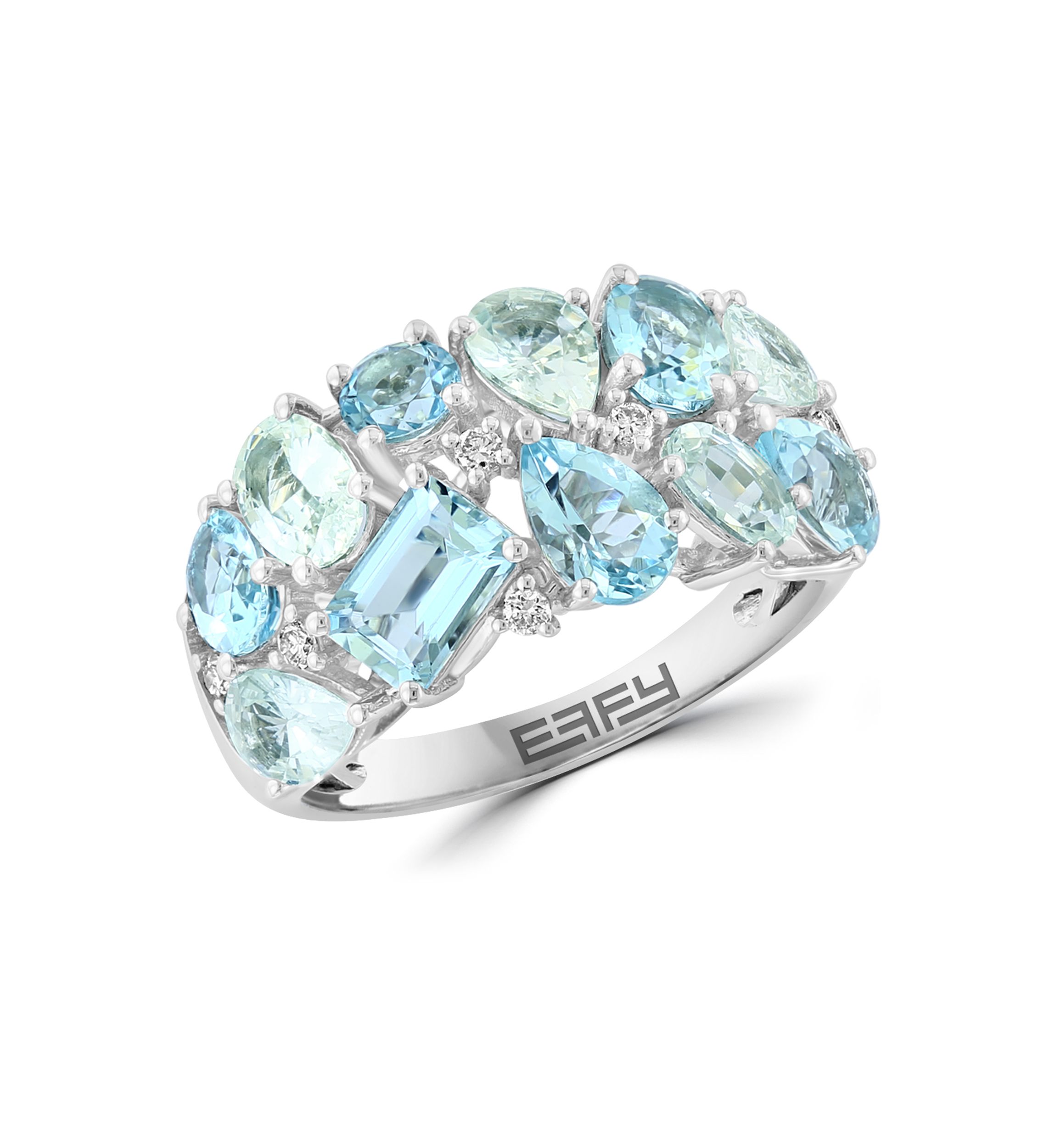 Diamond, Aquamarine and White Sapphire Band Ring in 14K White Gold