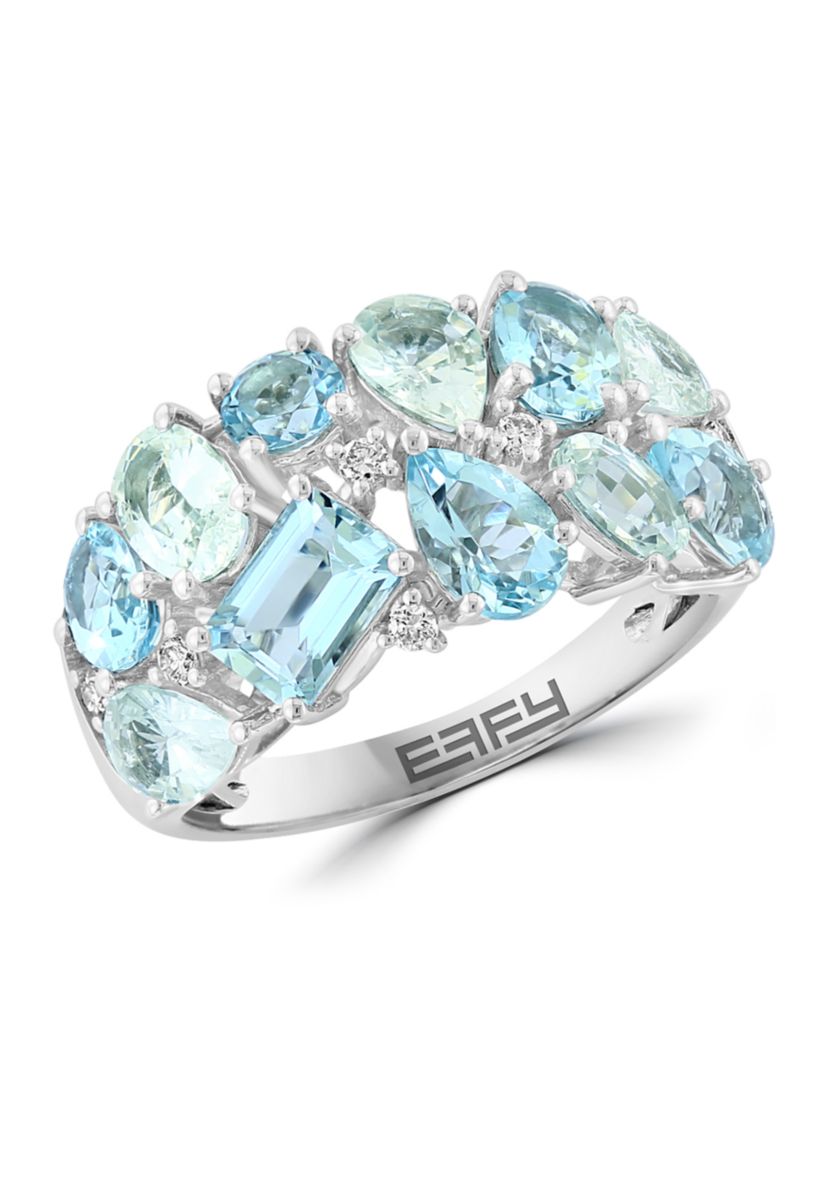Diamond, Aquamarine and White Sapphire Band Ring in 14K White Gold
