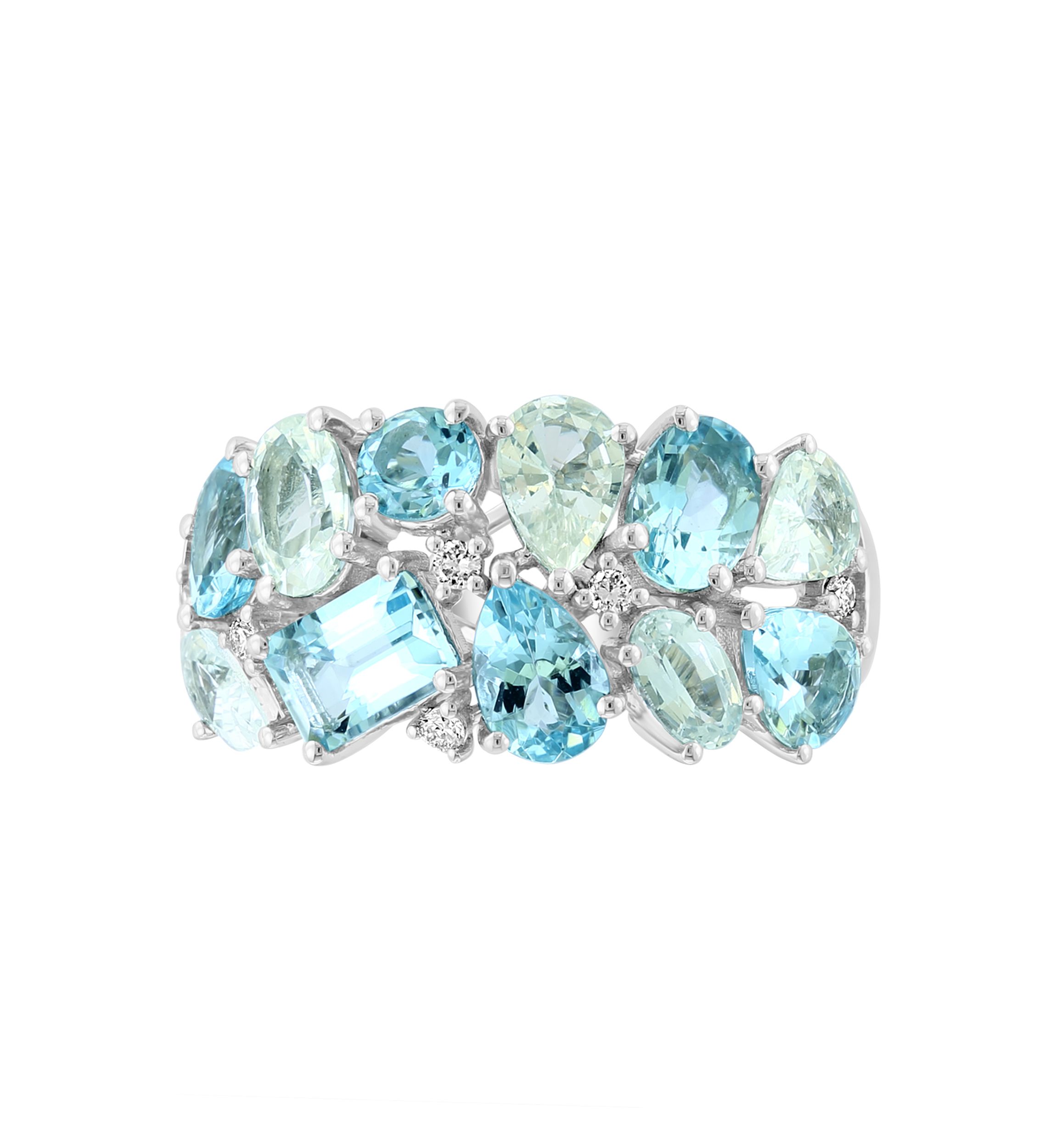 Diamond, Aquamarine and White Sapphire Band Ring in 14K White Gold
