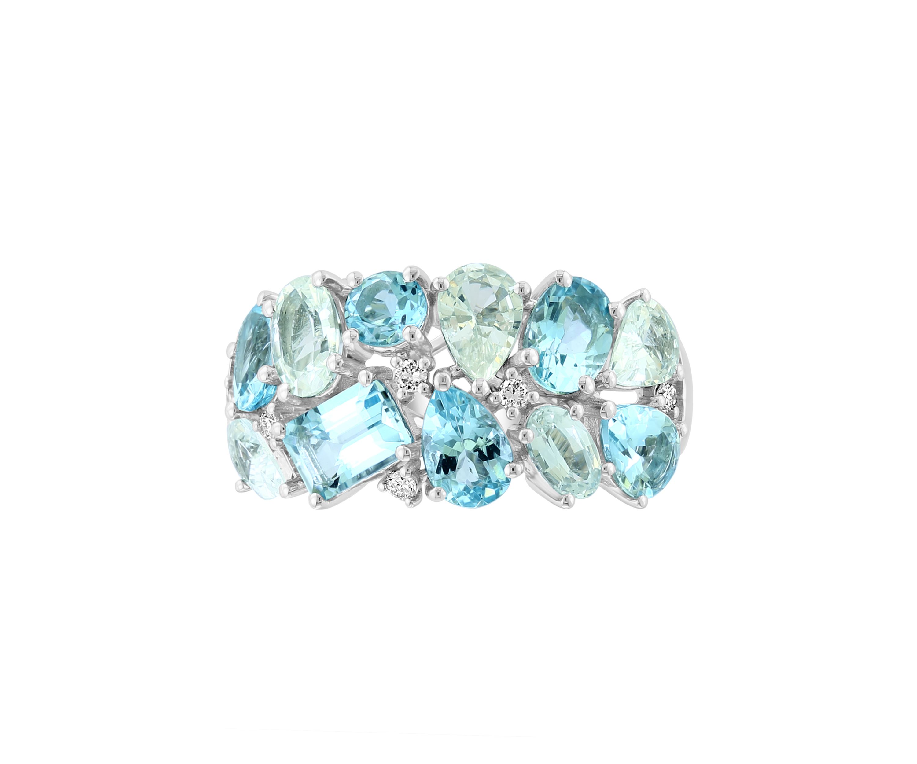 Diamond, Aquamarine and White Sapphire Band Ring in 14K White Gold