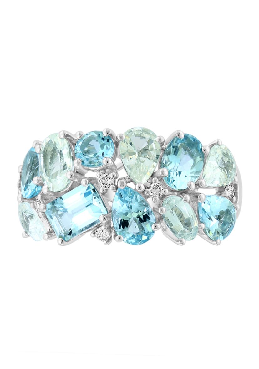Diamond, Aquamarine and White Sapphire Band Ring in 14K White Gold