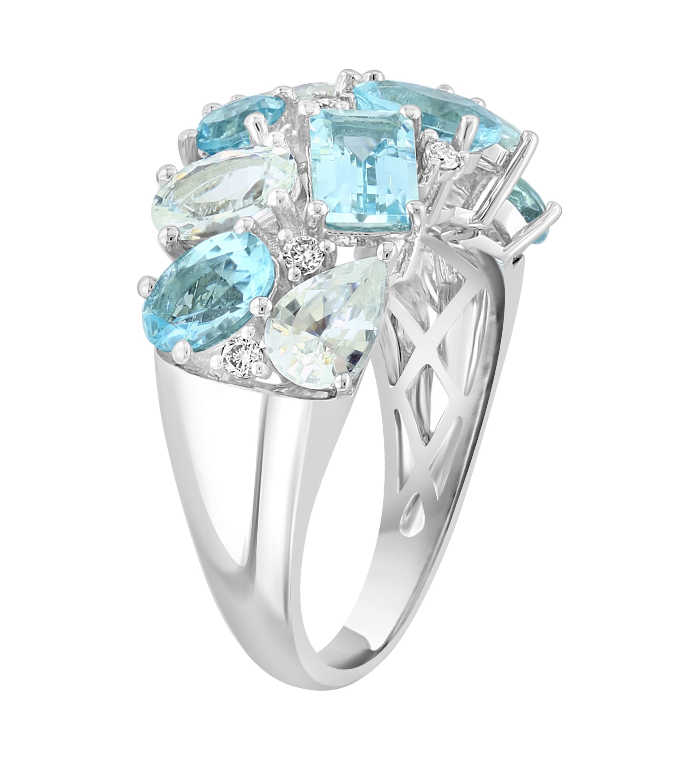 Diamond, Aquamarine and White Sapphire Band Ring in 14K White Gold