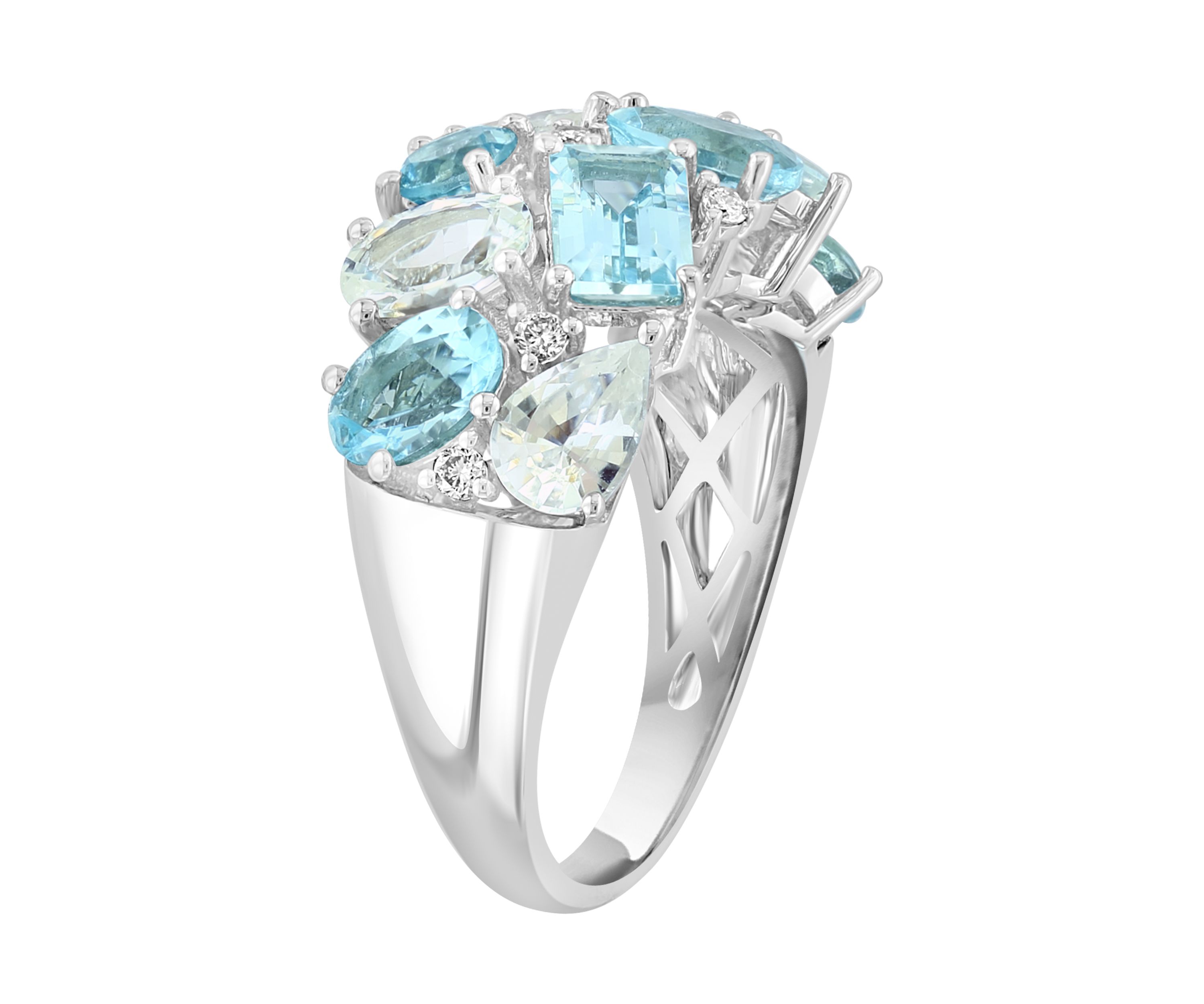 Diamond, Aquamarine and White Sapphire Band Ring in 14K White Gold