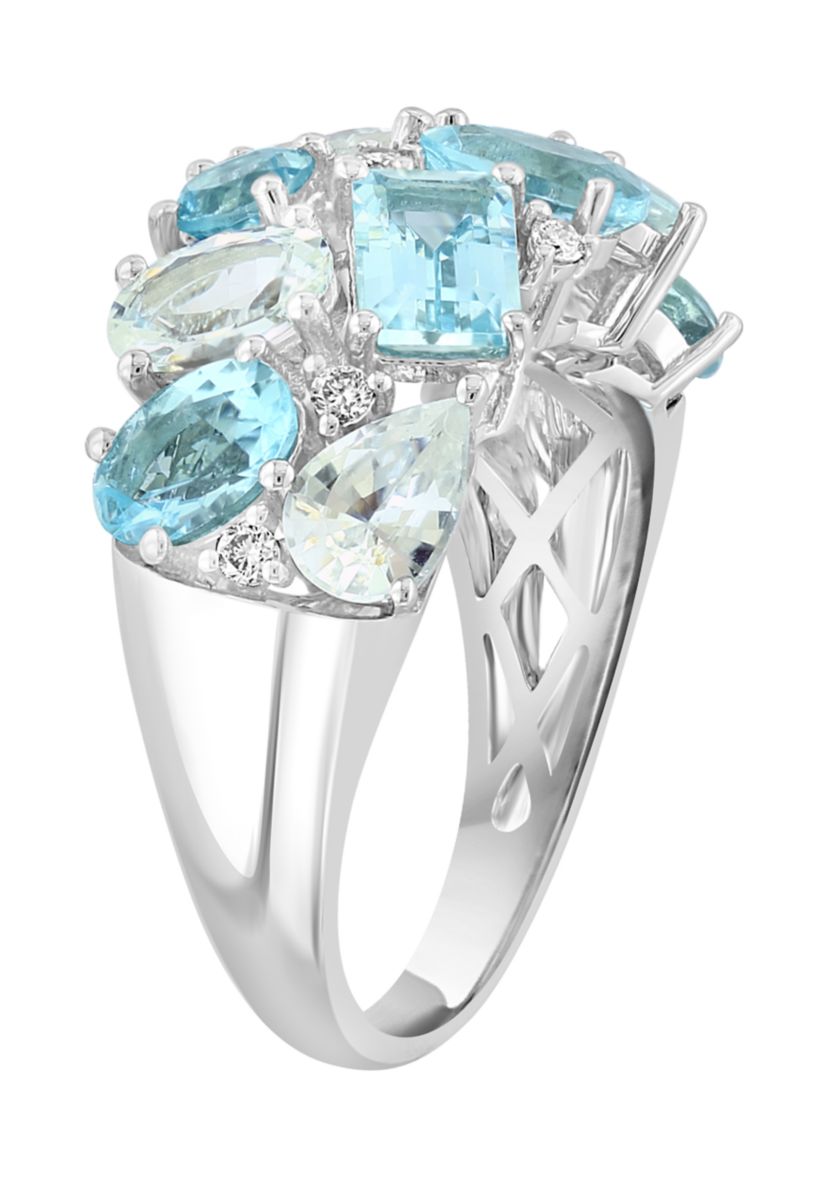 Diamond, Aquamarine and White Sapphire Band Ring in 14K White Gold