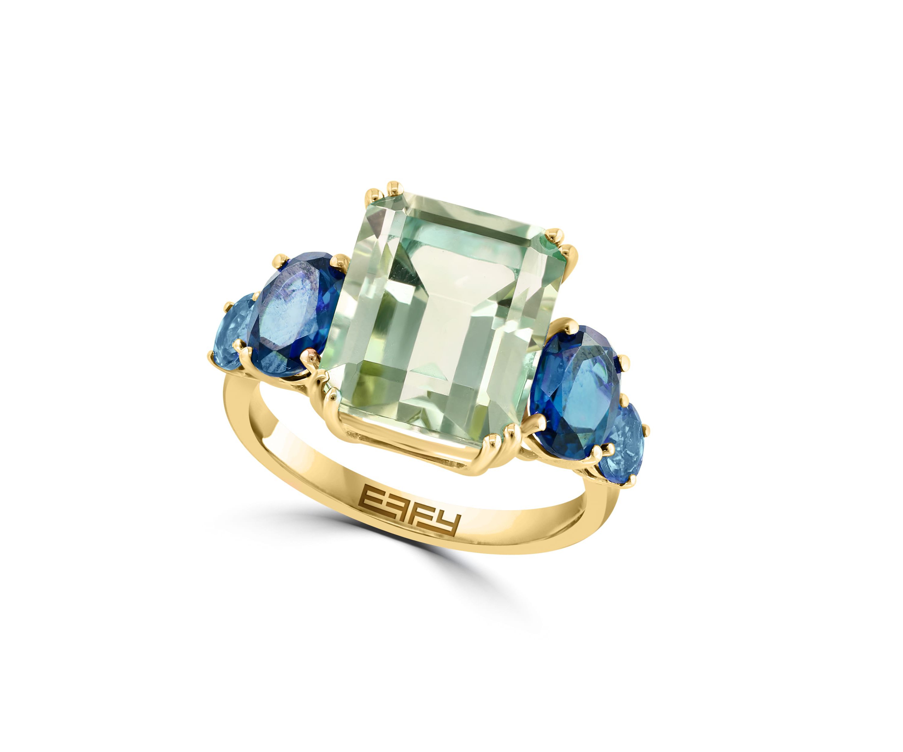 Green Amethyst and London Blue Topaz Ring in 14K Yellow Gold