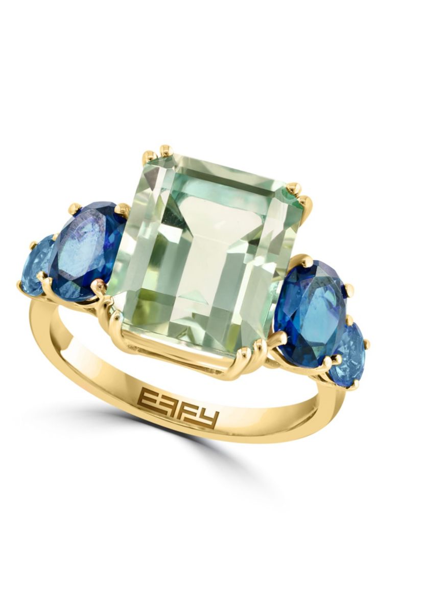 Green Amethyst and London Blue Topaz Ring in 14K Yellow Gold