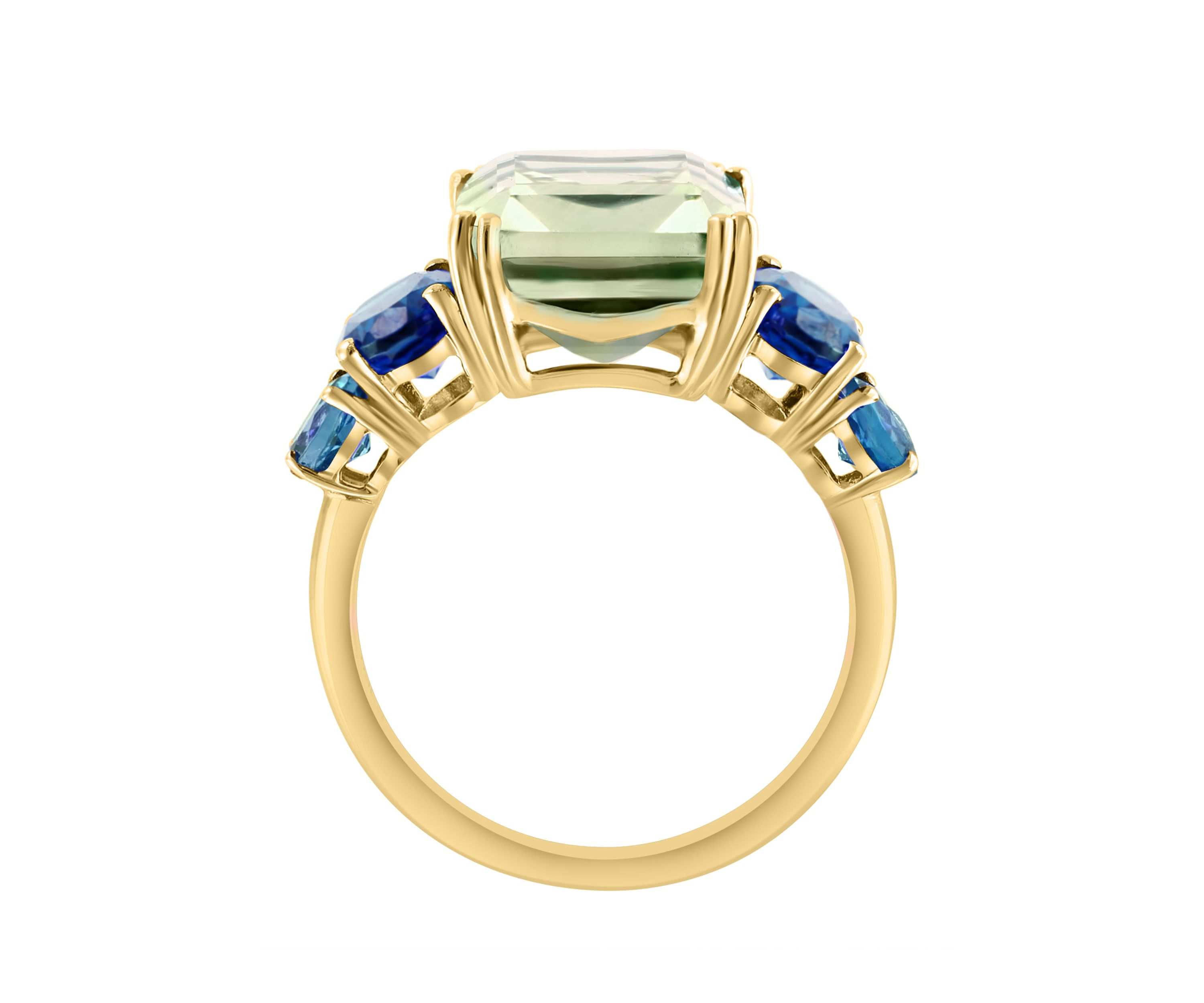 Green Amethyst and London Blue Topaz Ring in 14K Yellow Gold