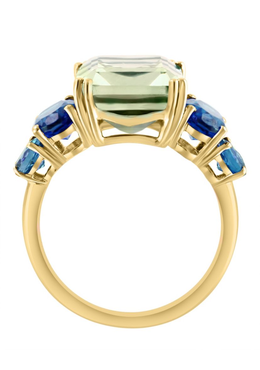 Green Amethyst and London Blue Topaz Ring in 14K Yellow Gold