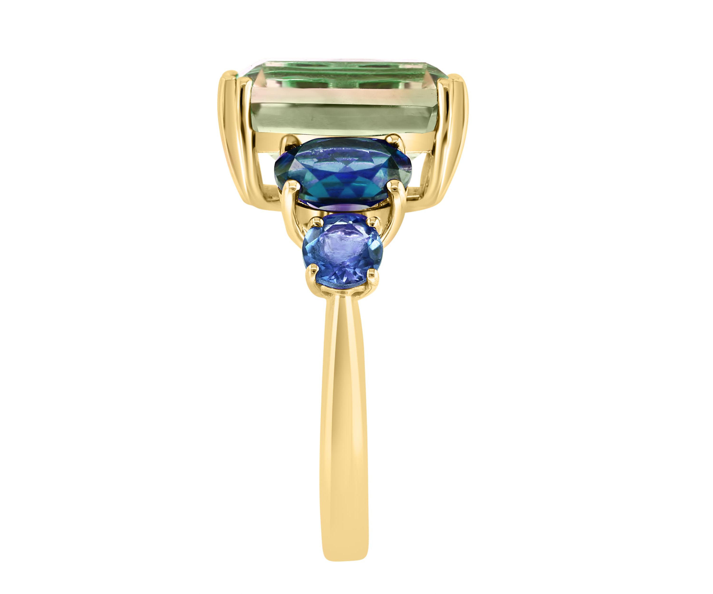 Green Amethyst and London Blue Topaz Ring in 14K Yellow Gold